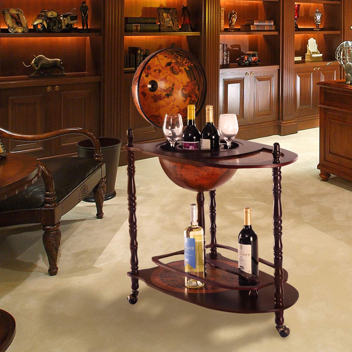 RELAX4LIFE Globe Bar on Wheels, Bar Trolley with World Globe, Bar Table Solid Wood, Serving Trolley with Wine Bottle Holder, Mobile Cocktail Bar, Antique Look, Decorative Mini Bar Serving Table