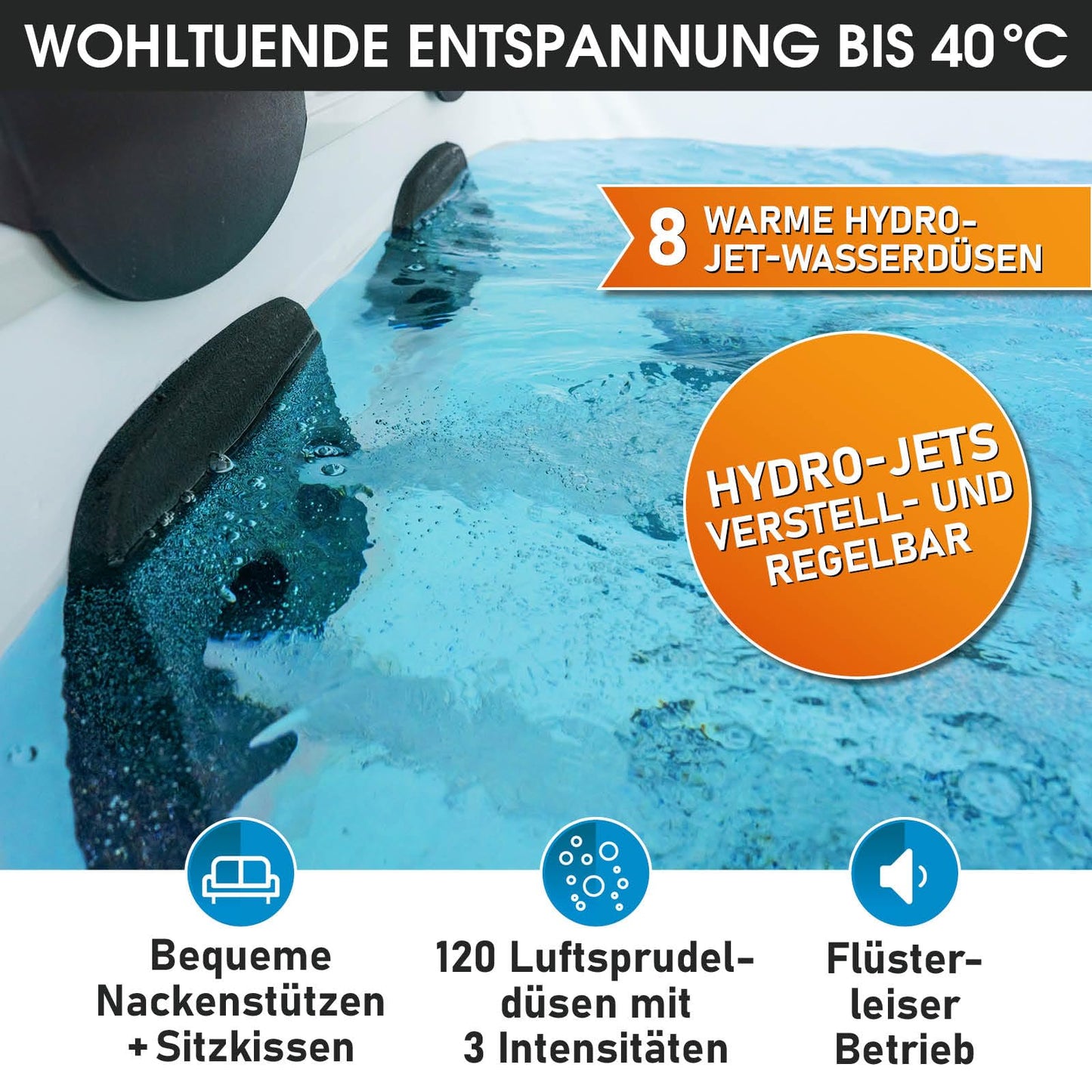 BRAST Whirlpool MSpa Oslo & Oslo Plus XXL mit Fester Außenwand | 160x160x65cm - 180x180x65cm | LED-Beleuchtung 20 Farben | 6 Personen | 120-140 Massagedüsen | Ganzjähriger Einsatz Winterfest