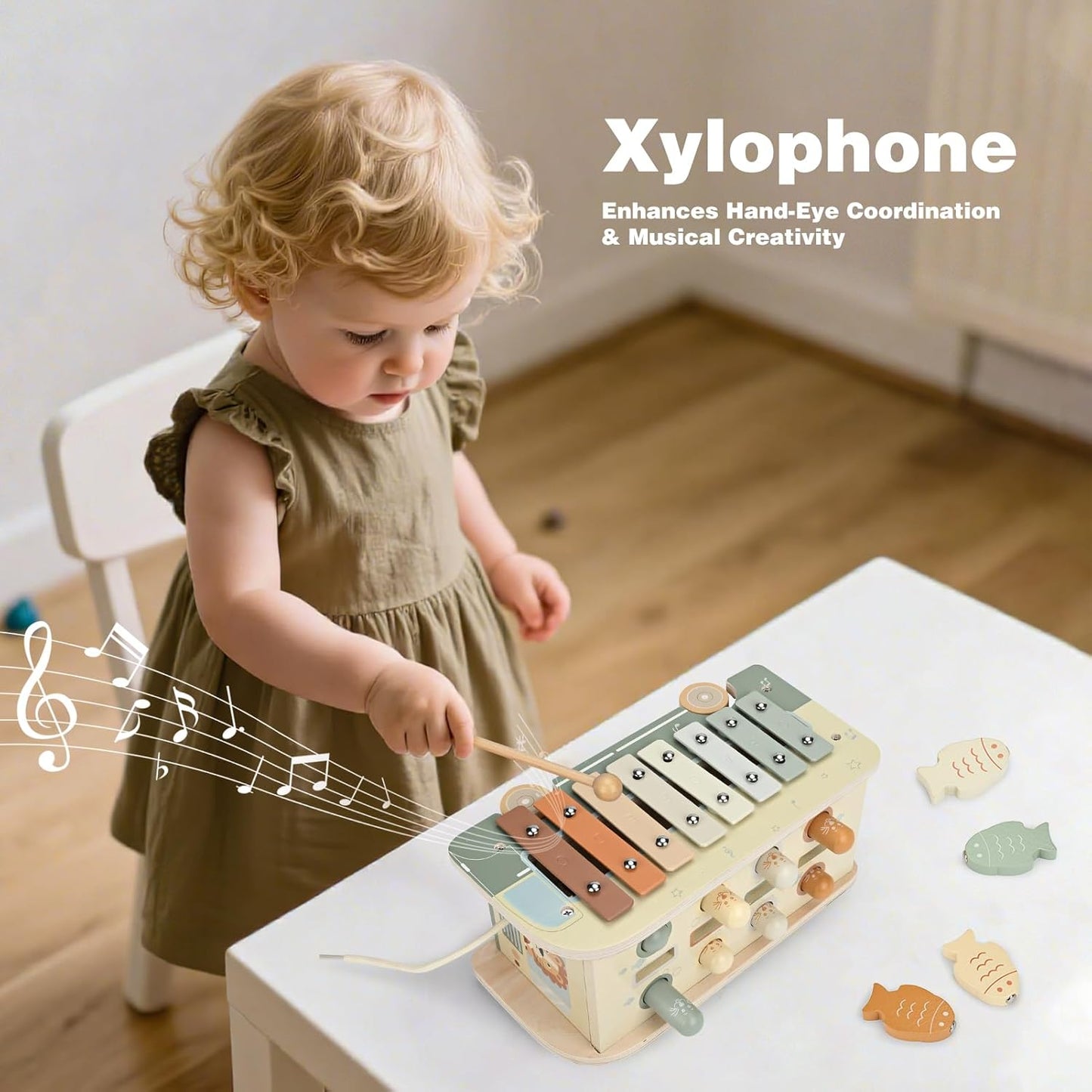 Vanplay Montessori Spielzeug ab 1 Jahr, 7 in 1 Hammerspiel Angelspiel Magnet Holzspielzeug Motorikspielzeug, Xylophon Kinder 1 Jahr, Geschenk Kinderspielzeug ab 1 2 3 Jahre Mädchen Junge