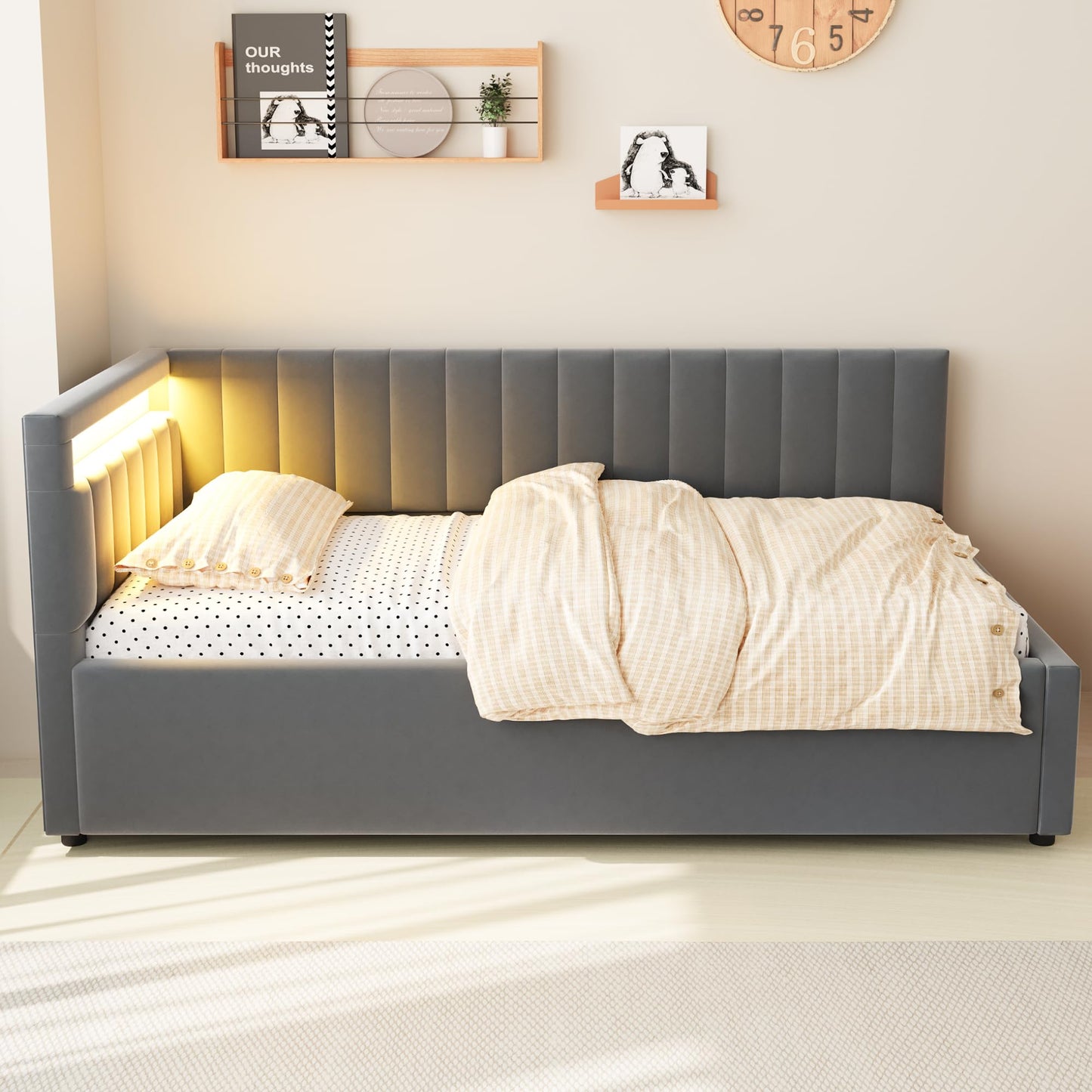 KEYIDE Upholstered Sofa Bed, 140 x 200 cm with LED Lighting and USB Charging, Bed Frame with Wooden Slatted Frame, Day Bed, Guest Bed, Youth Bed, Velvet Fabric, Without Mattress (Grey, 140 x 200)