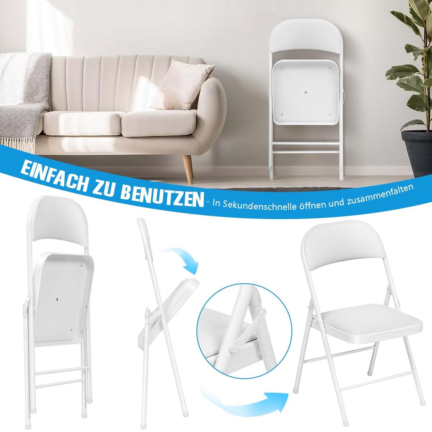 Asdsed Klappstuhl 4er Set, Klappstühle Gepolstert, Klappstuhl bis 158KG Gepolstert mit Starker Stahlrahmen, Faltbarer Klappstühle Platzsparender Schreibtischstuhl für Haus Büro Garten Balkon Party