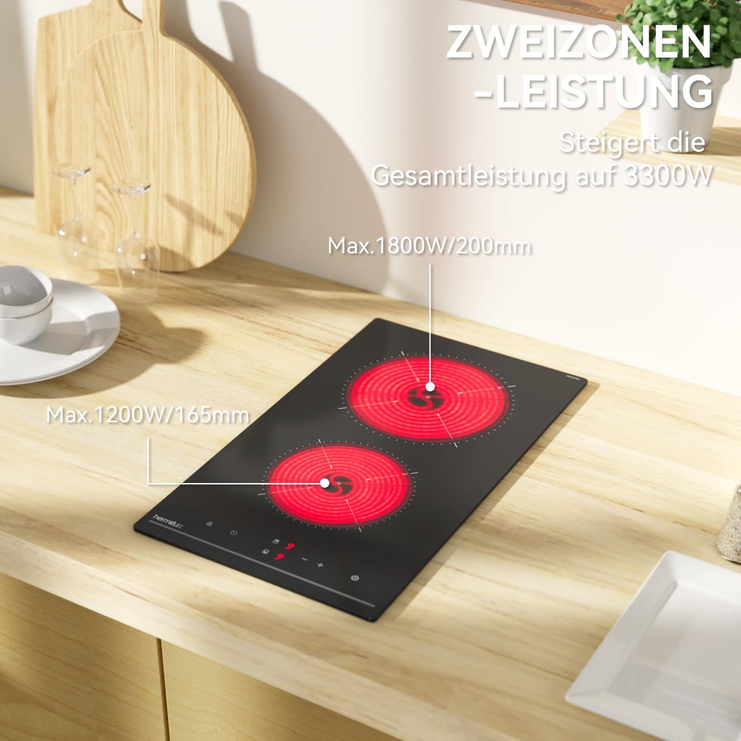 Hermitlux kochfeld 28,8cm, Glaskeramik Kochfeld 2 Platten, 9 Leistungsstufen, Touch-Steuerung, Timer, Kindersicherung, Geeignet für Alle Töpfe, 3300W