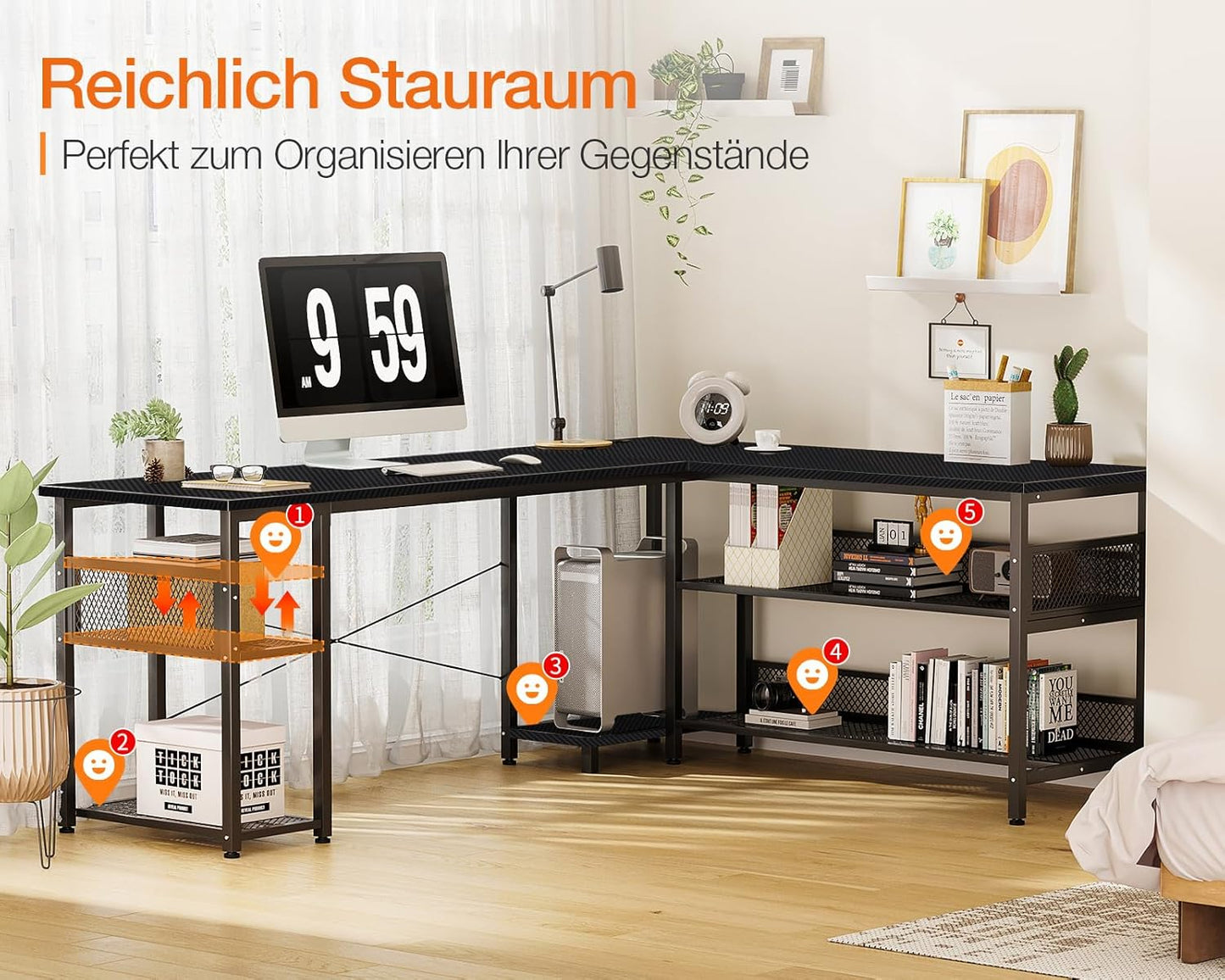 ODK Gaming Tisch, Reversibel Gaming Schreibtisch mit 2 Steckdosen und 2 USB Ladeanschluss, Eckschreibtisch für Office und Gaming, Weiß, 150×102cm