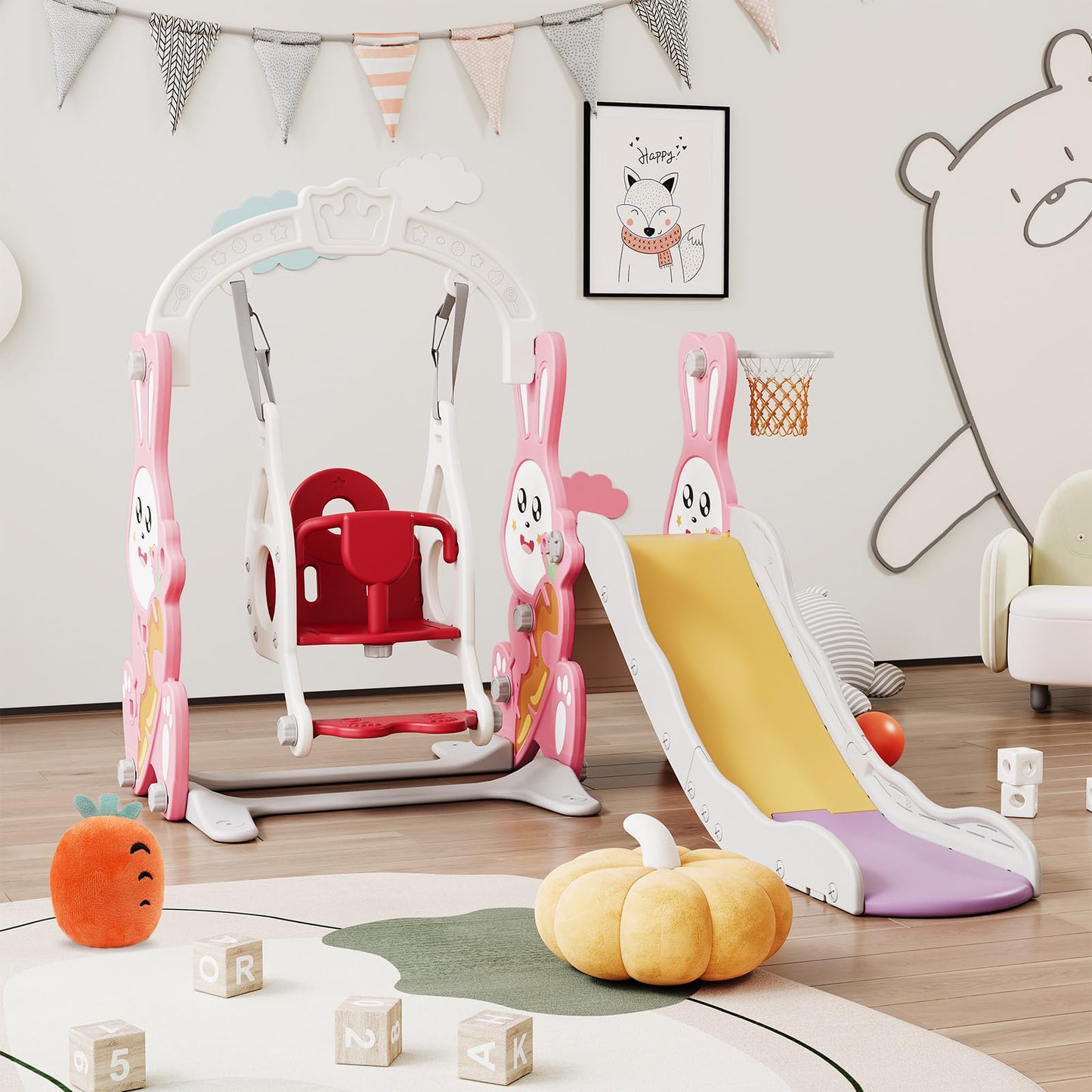 Kinderrutsche, Babyschaukel, 4 in 1, mit Schaukeln, Treppen, Gleiten, Basketballgestellen, Spielplatz für drinnen und draußen, multifunktionale Rutsche (Rosa, Kaninchen)