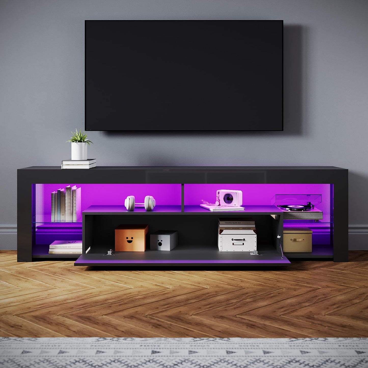 SONNI Modern TV Cabinet 180 cm, Lowboard High Gloss White with 16 Colours LED Lighting, Drawer, Open Glass Shelves, TV Stand for TVs up to 65 Inches, Living Room & Bedroom, 180 x 35 x 45 cm