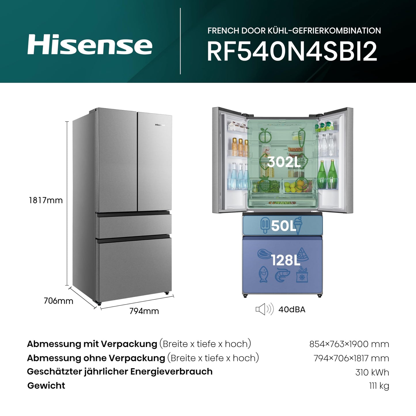 Hisense RF632N4WIE French Door Kühl-Gefrierkombination/ NoFrostPlus/ Inverter-Kompressor/ Wasserspender/ CrispZone/ 200 cm/ Kühlteil 336 l/ Gefrierteil 149 l/ 38 dB/ 295 kWh/ Jahr/ Inox-Look