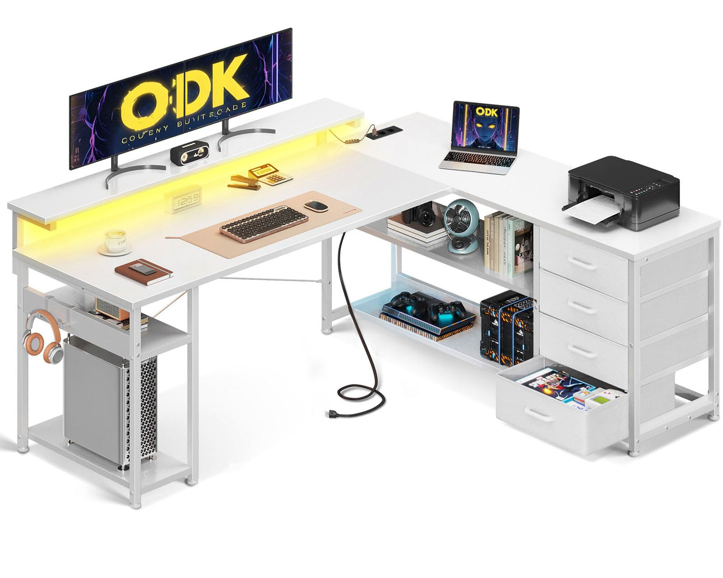 ODK Schreibtisch mit Schubladen, Reversible Eckschreibtisch mit 2 Steckdosen und 2 USB Ladeanschluss, Bürotisch L Form mit LED für Home Office 155×110cm (Alles Weiß)