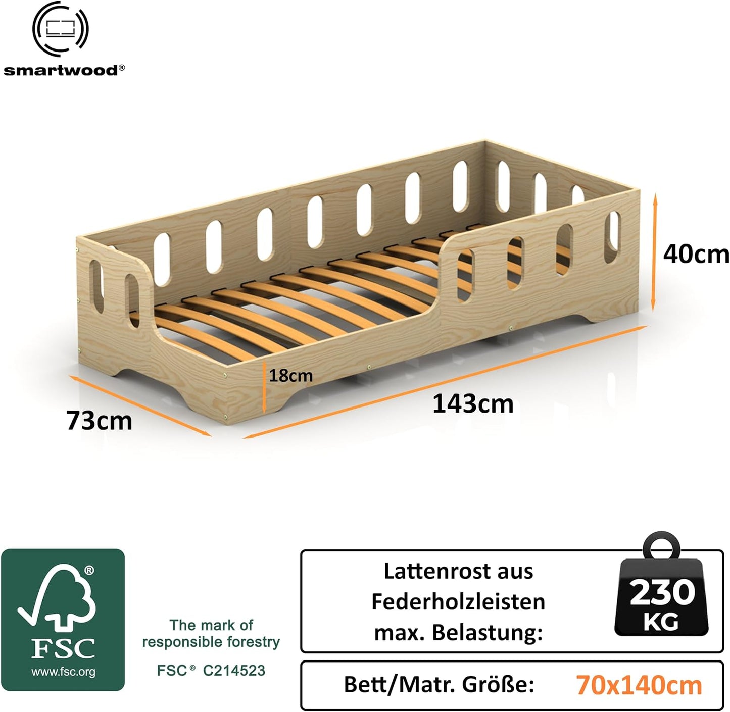 smartwood Kinderbett 80x160 Montessori Bett mit Rausfallschutz & Lattenrost - Kiefernsperrholz mit FSC-Zertifikat - für Jungen und Mädchen - Einfache Montage - TILA 1L