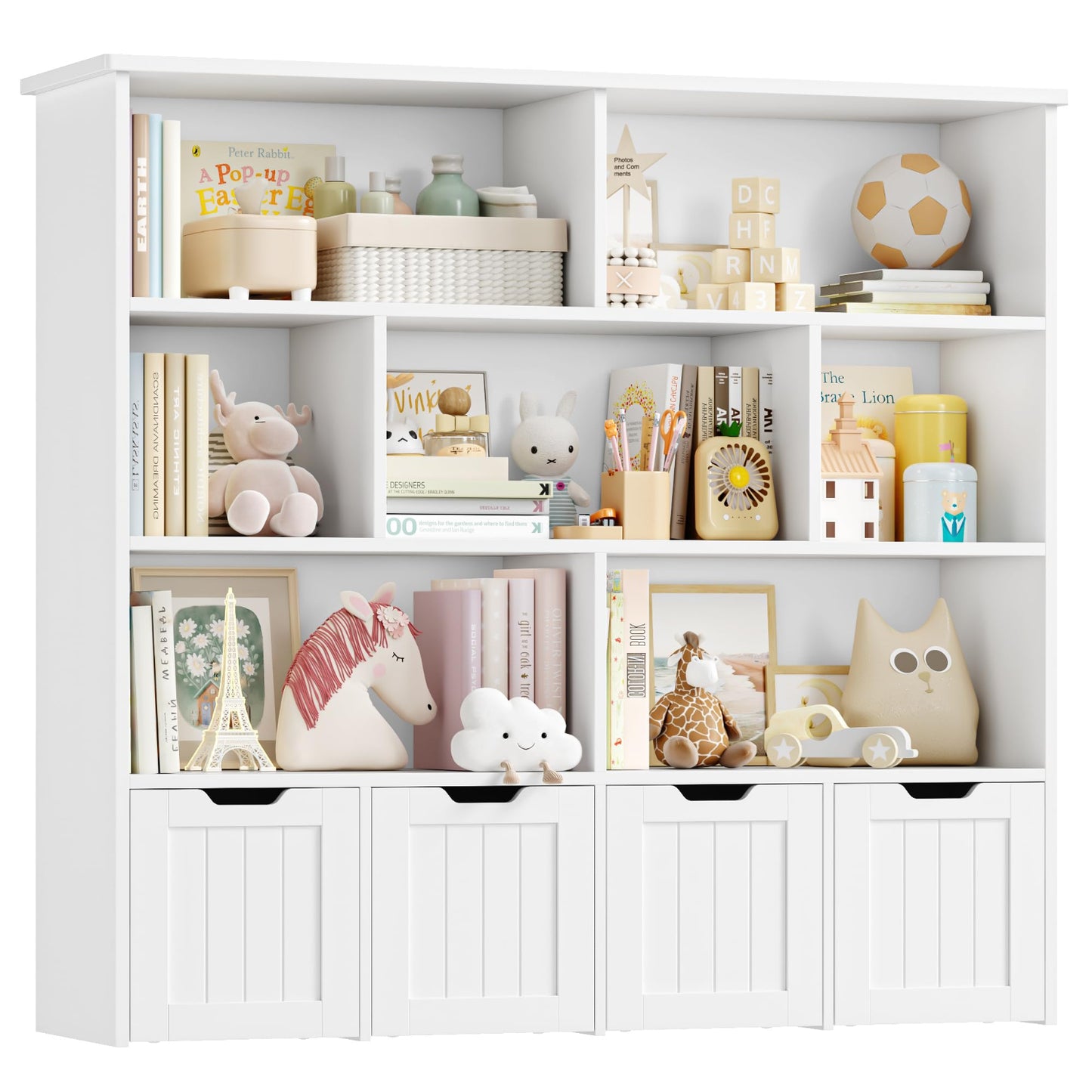 FOREHILL Children's Shelf with Boxes on Wheels, Children's Bookcase with 4 Levels, Children's Room Furniture, Toy Regulator, Storage Shelf, Bookcase for Children, Children's Cabinet, Shelf, White,