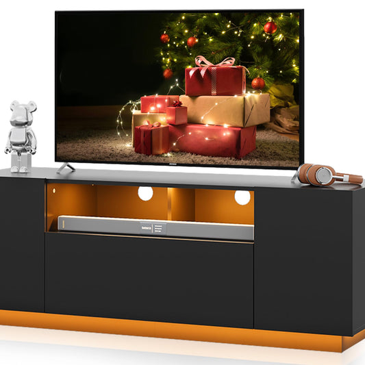 WLIVE TV Cabinet Black Lowboard High Gloss with 20 Colours LED Lighting, TV Board with Cabinets and 2 Open Surfaces, TV Table with Folding Door, 122 x 36 x 45 cm, Black