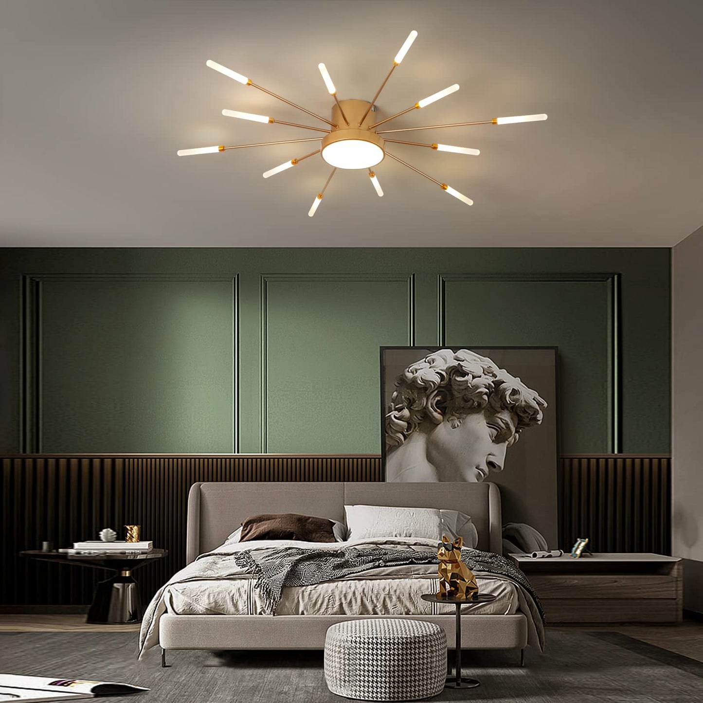 minifair Moderne LED-Deckenleuchte, 12 + 1 Köpfe, halbbündige Deckenleuchte, goldene Kronleuchter, Deckenbeleuchtung für Schlafzimmer, Wohnzimmer, Küche, Esszimmer, Restaurant