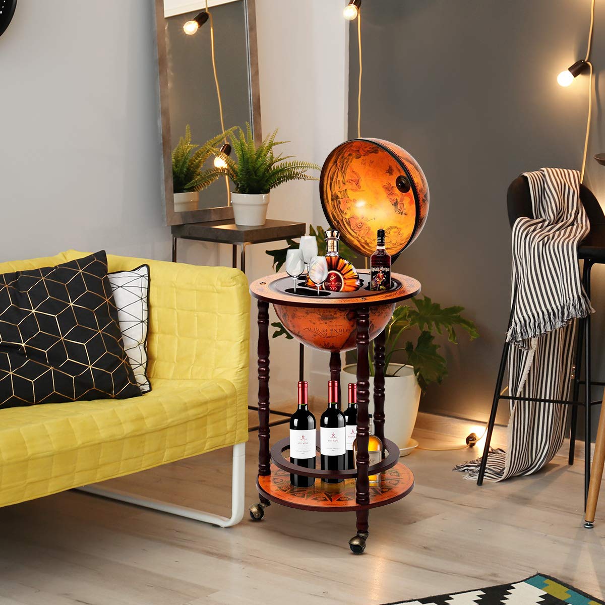 RELAX4LIFE Globe Bar on Wheels, Bar Trolley with World Globe, Bar Table Solid Wood, Serving Trolley with Wine Bottle Holder, Mobile Cocktail Bar, Antique Look, Decorative Mini Bar Serving Table