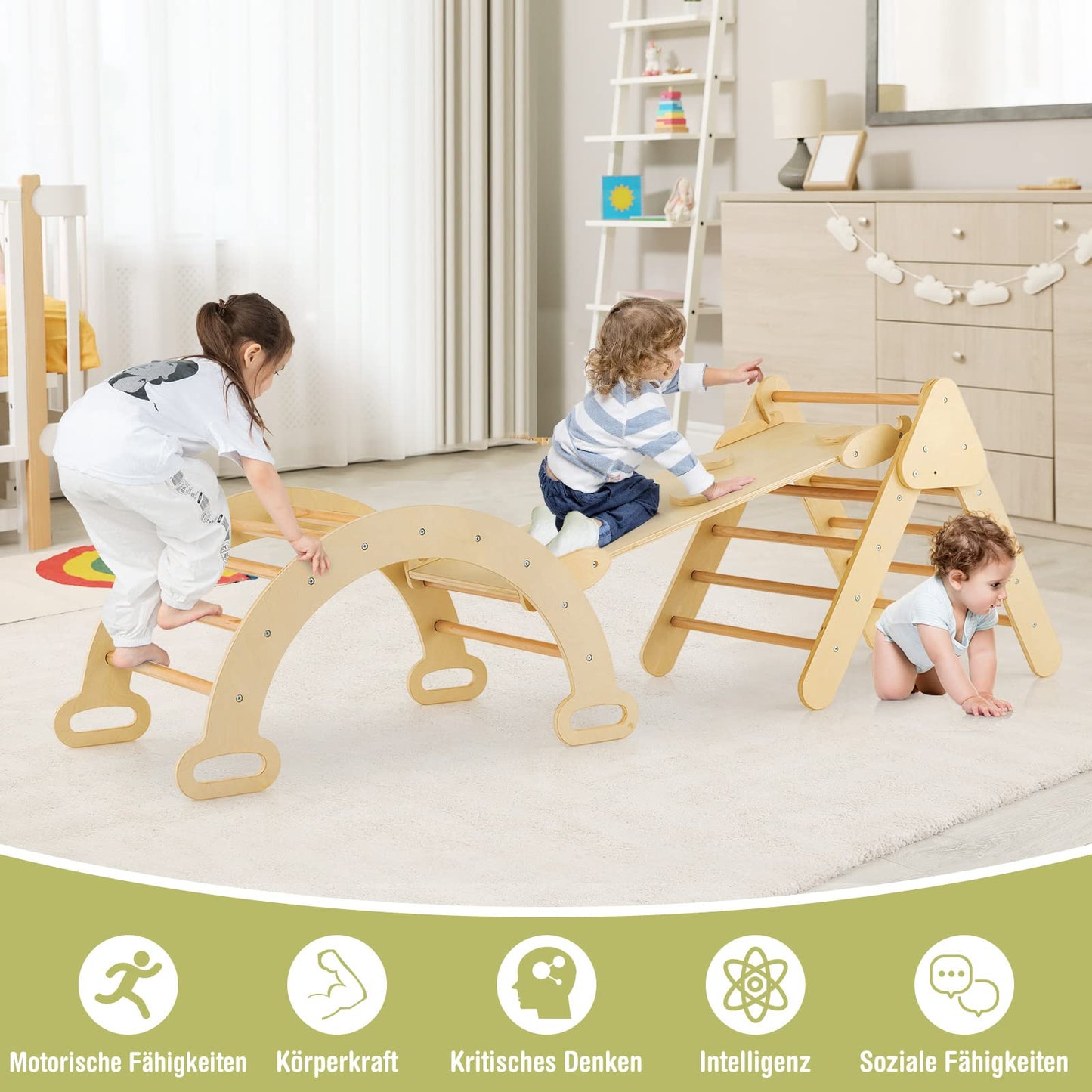 COSTWAY Kletterdreieck mit Rutsche, Kletterbogen, inkl. doppelseitige Rampe, zum Klettern, Rutschen und Wippen, 4 in 1 Klettergerüst Indoor ab 1 Jahr (Macaron bunt)