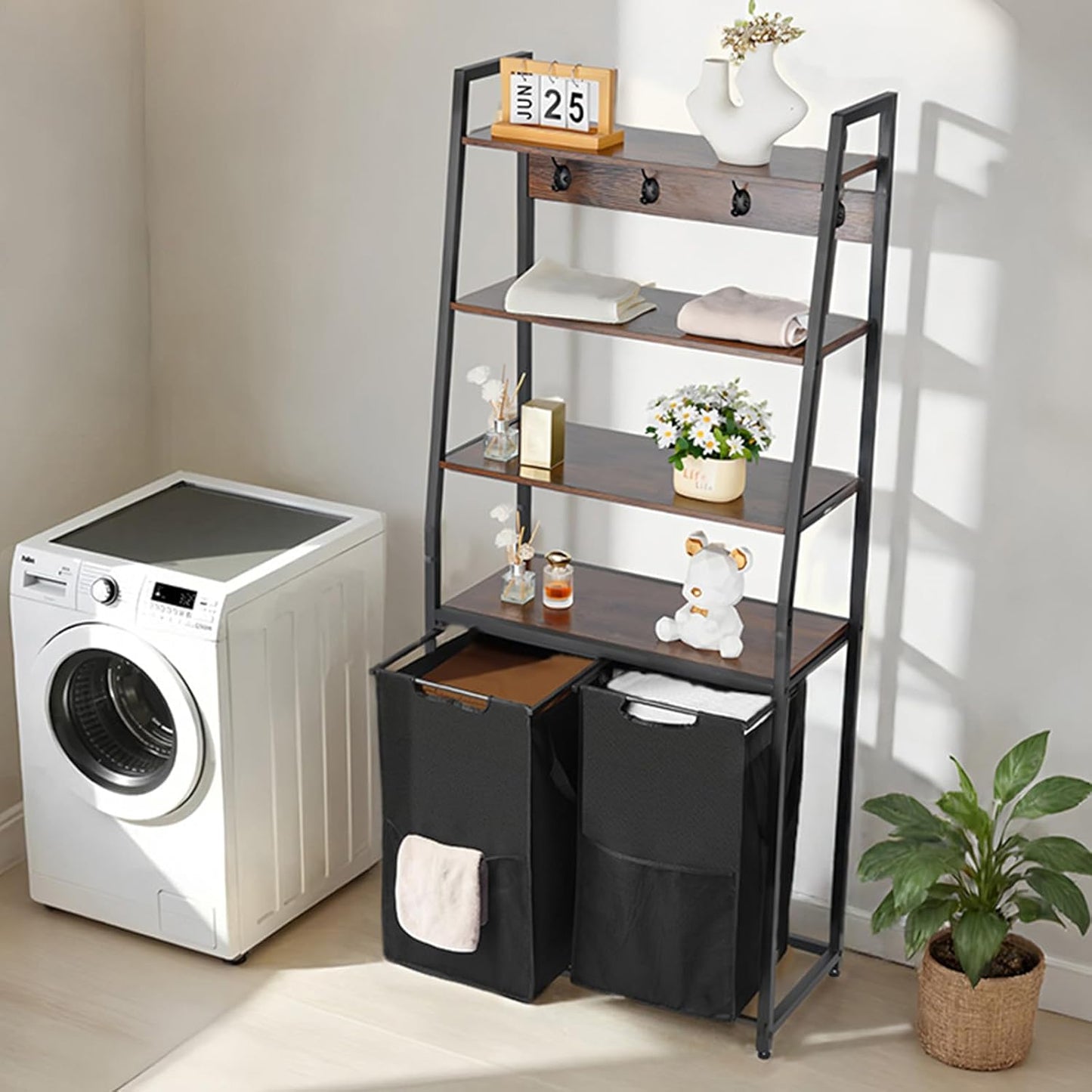 VEVOR Wäschekorb Wäschesortierer mit 4 Ebenen (600D Oxfordstoff), Wäschesammler mit Leiterregalen, Wäschetrenner Wäsche-Sortiersystem für schmutzige Kleidung Waschküche Schwarz