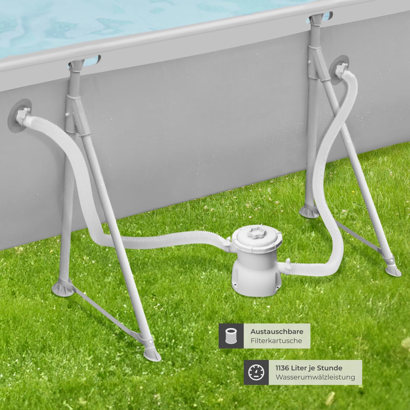 tectake® Swimming Pool, Large Swimming Pool, Rectangular, Frame Pool, Pool for Garden, Steel Frame Pool, Complete Set, Outdoor Garden Pool, Above Ground Pool, 300 x 207 x 70 cm, Grey