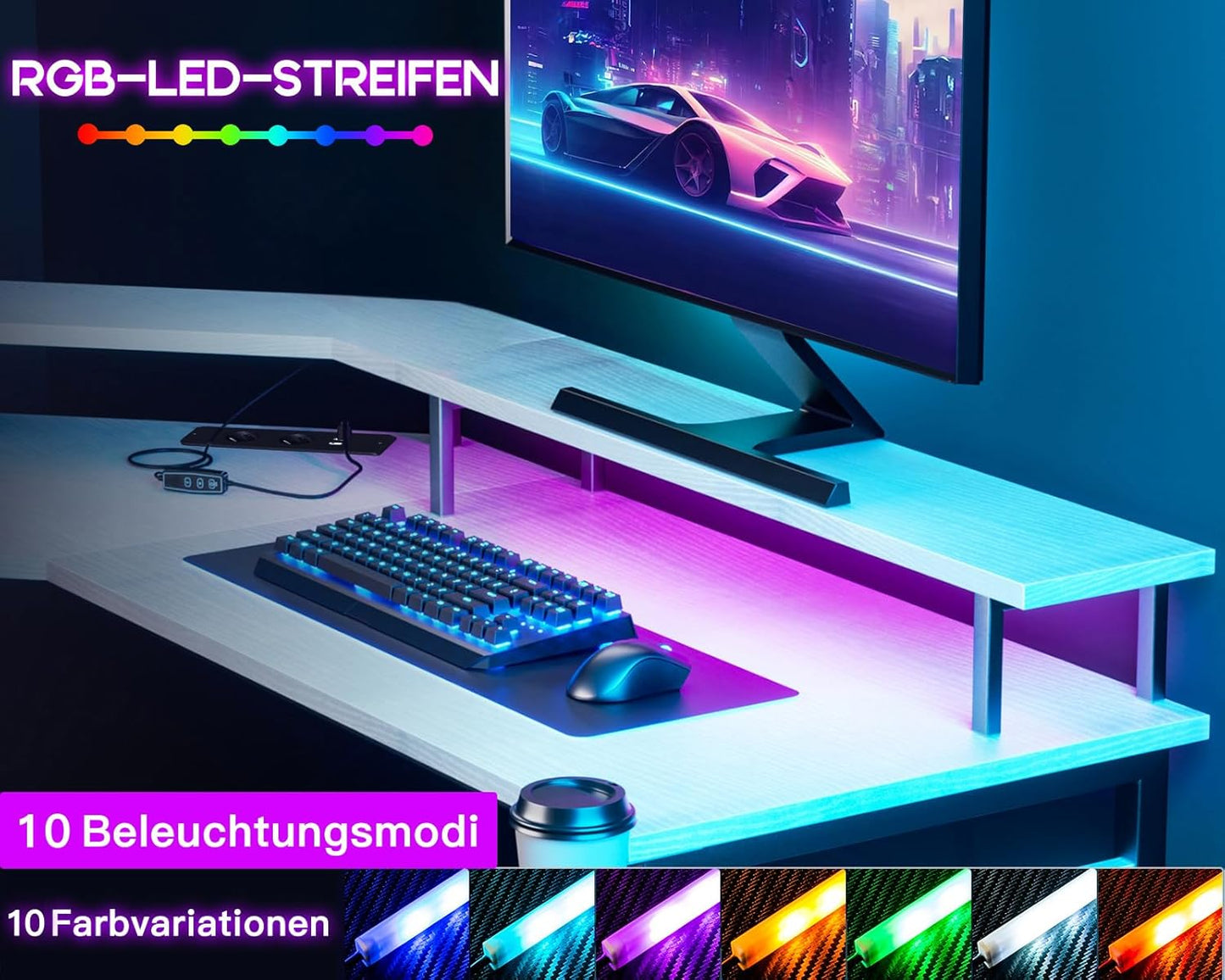 ODK Gaming Tisch mit LED, Gaming Schreibtisch mit 2 Steckdosen und 2 USB Ladeanschluss, PC Tisch Gaming mit großzügiger Monitorablage, Gamer Schreibtisch in Kohlefaser Weiß, 129x129 cm