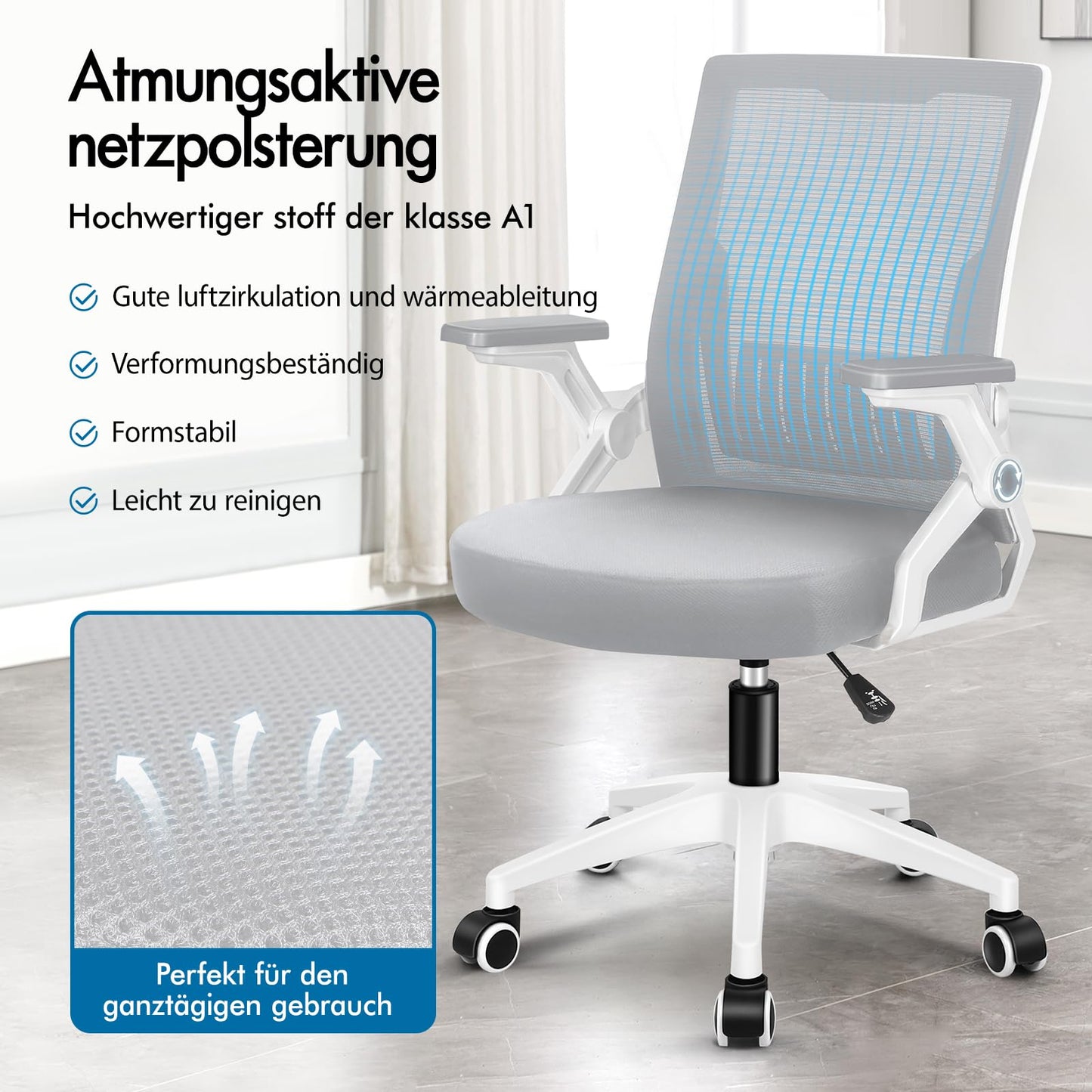 ALFORDSON Bürostuhl, Lendenstütze, Atmungsaktives Netz und Stoff, Hochklappbare/Verstellbare Armlehnen, Hochwertiger Schaumstoff, 180kg für Zuhause & Gaming, Wale, Schwarz