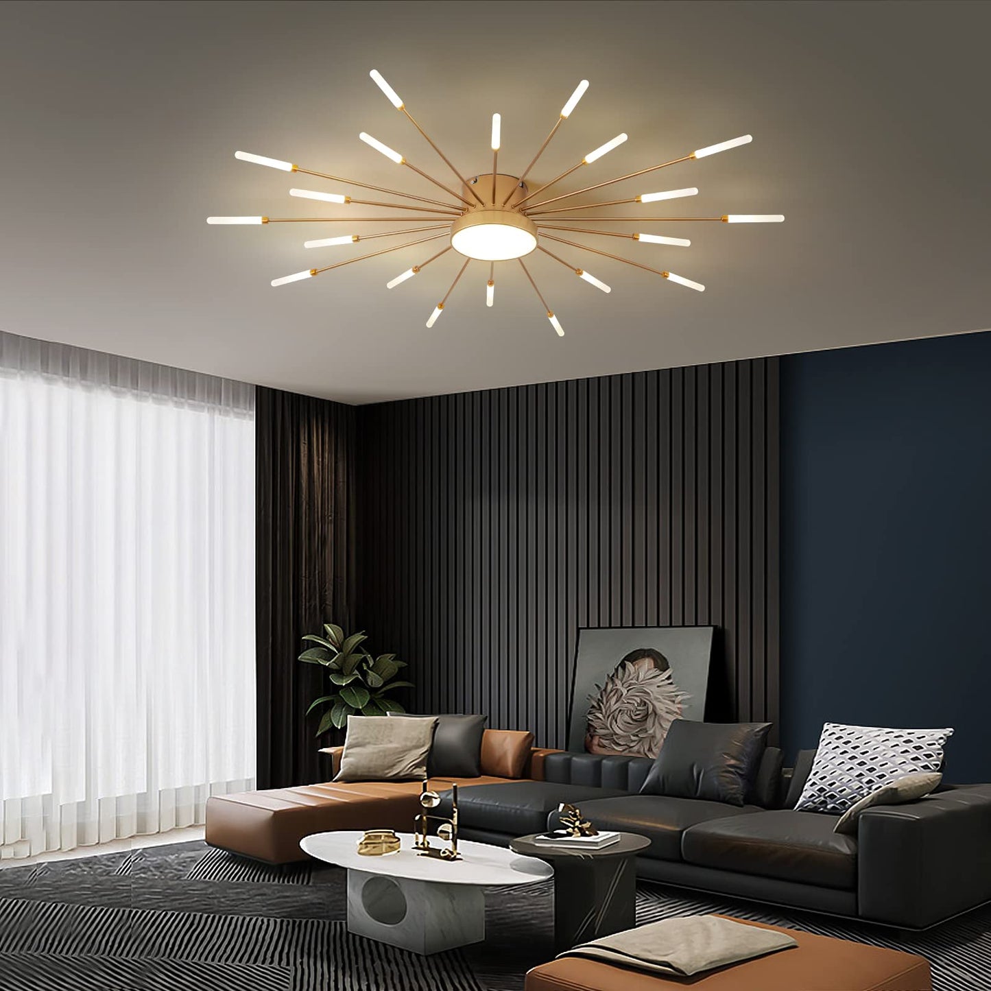minifair Moderne LED-Deckenleuchte, 12 + 1 Köpfe, halbbündige Deckenleuchte, goldene Kronleuchter, Deckenbeleuchtung für Schlafzimmer, Wohnzimmer, Küche, Esszimmer, Restaurant