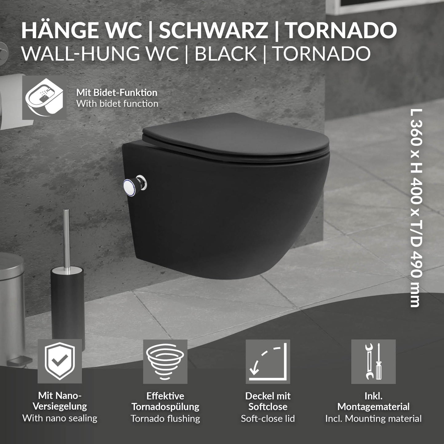 LuxeBath Wall-Mounted Toilet Rimless with Bidet Function, White, Deep Washdown Ceramic Hanging Toilet, Long 53.5 cm, Shower Toilet Nano Coating, Tornado Flush, Shiny Toilet Bowl Hanging with Toilet
