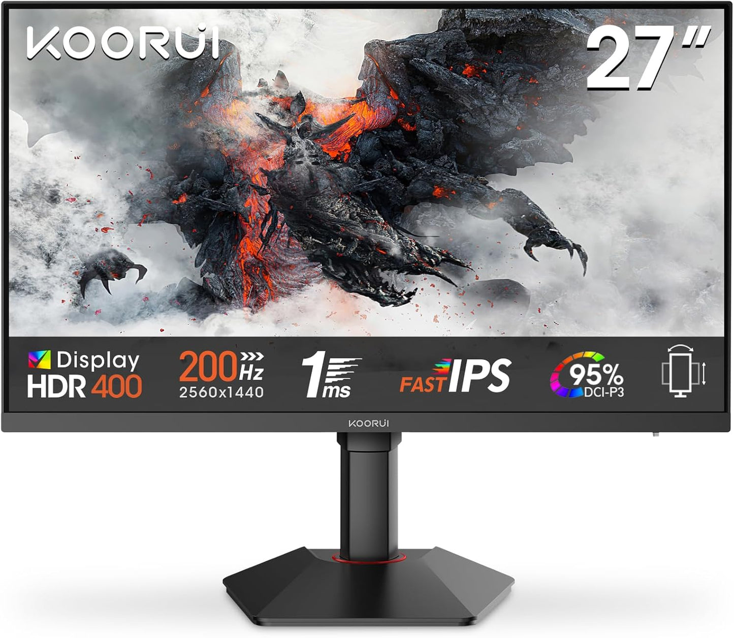 KOORUI Gaming Monitor 24 Inches, 200Hz PC Screen FHD 1920 x 1080 Fast IPS HDR400, Adaptive Sync 1ms, HDMI 2.0 & DP 1.4, VESA 75 x 75 mm-G2411P