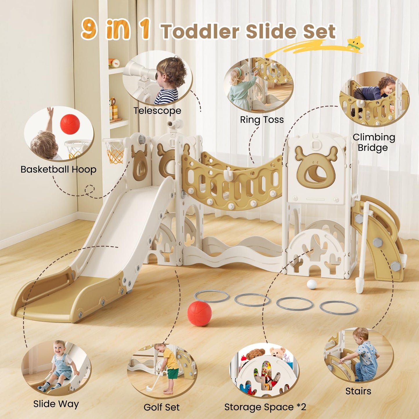Krovtoy Kleinkindrutsche mit Weihnachtselch-Motiv, freistehende Kleinkindrutsche mit Golf-Set, Babyrutsche, Spielplatzgerät, für den Innen- und Außenbereich (Grau Beige - 6 in 1)