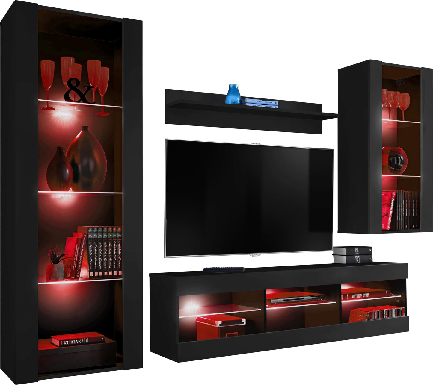 Komodee Tivoli Medio Wall Unit Living Room Set, Black/Black, Width 245 cm x Height 159 cm x Depth 35 cm, LED Blue, for Living Room, Bedroom