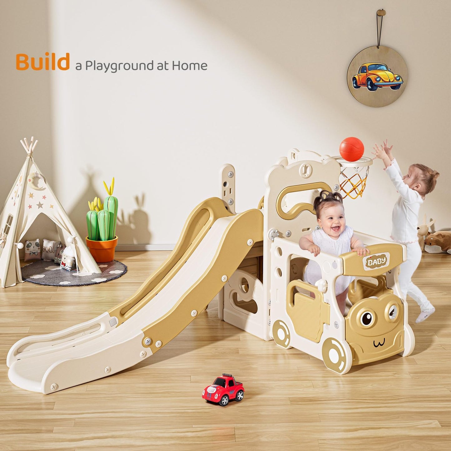 Krovtoy Kleinkindrutsche mit Weihnachtselch-Motiv, freistehende Kleinkindrutsche mit Golf-Set, Babyrutsche, Spielplatzgerät, für den Innen- und Außenbereich (Grau Beige - 6 in 1)