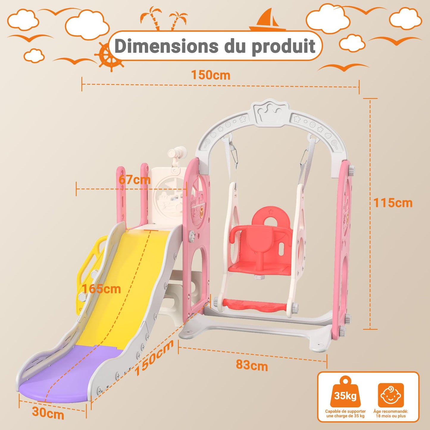 Kinderrutsche, Babyschaukel, 4 in 1, mit Schaukeln, Treppen, Gleiten, Basketballgestellen, Spielplatz für drinnen und draußen, multifunktionale Rutsche (Rosa, Kaninchen)