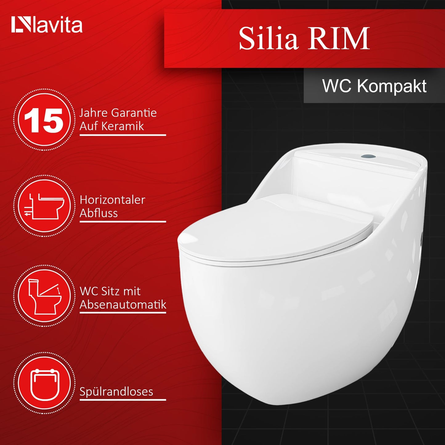 LAVITA Einteilige Stand-WC Mit Eingebautem Spülkasten SILIA RIM BLACK/GOLD LINE | Deckel Mit Absenkautomatik | Keramik Toilette Spülrandlos | Toilettenbecken Stehend + Anschlussstück