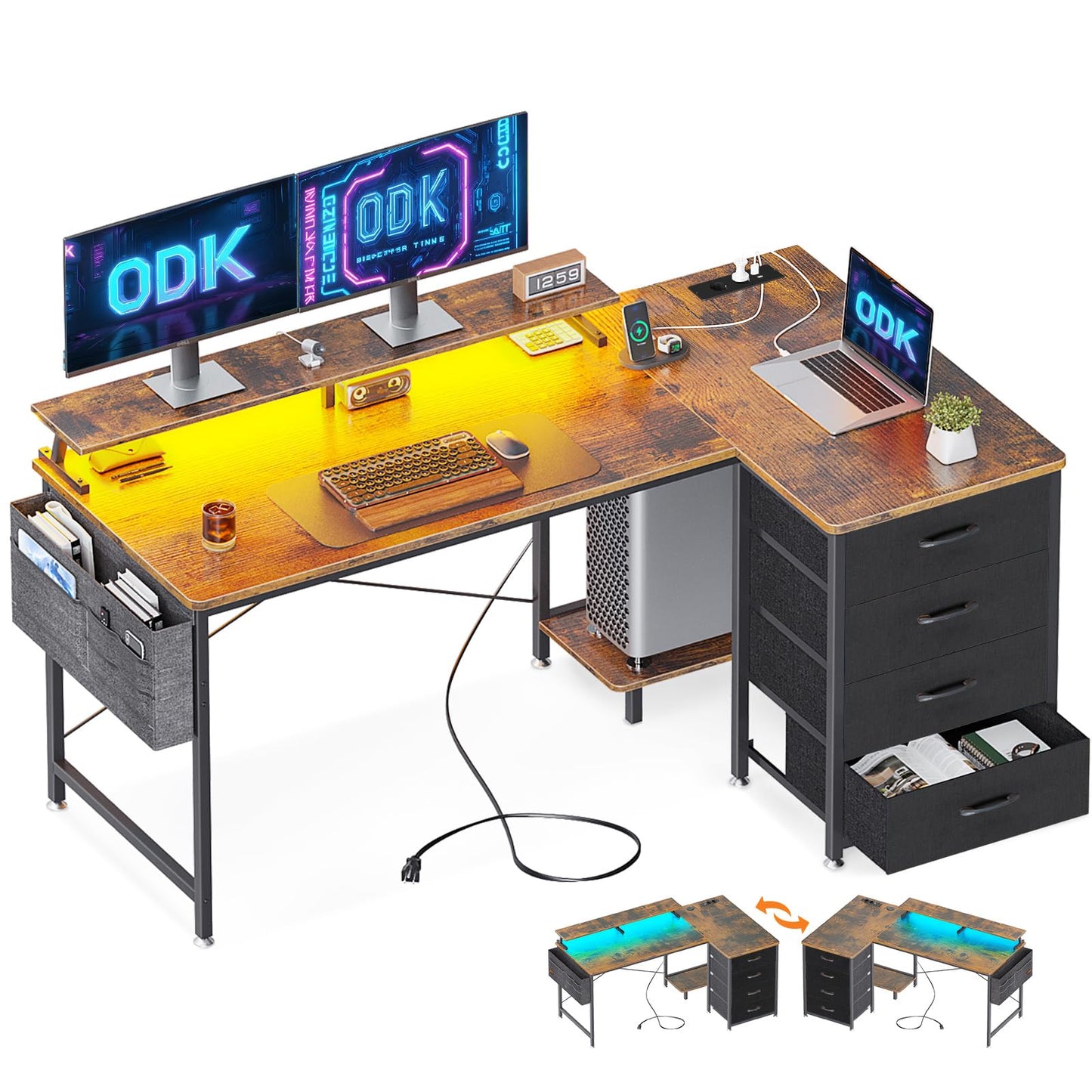ODK Eckschreibtisch mit 4 Stoff Schubladen, 160x80cm Reversible Schreibtisch L Form mit 2 Steckdosen und 2 USB Ladeanschluss, Gaming Tisch L Form mit LED&Monitorständer für Home Office, Schwarz