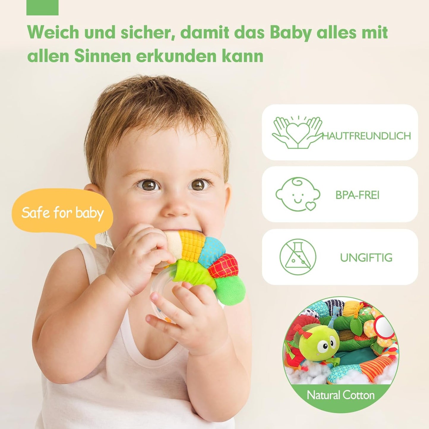 hahaland Baby Toy 3 6 9 12 Months, 3-in-1 Removable Caterpillar for Baby Prone Position Help Sit Support, Tummy Time Toys Play Cushion with Rattle, Teething Ring, Mirror for Baby Toys from 0-6-12