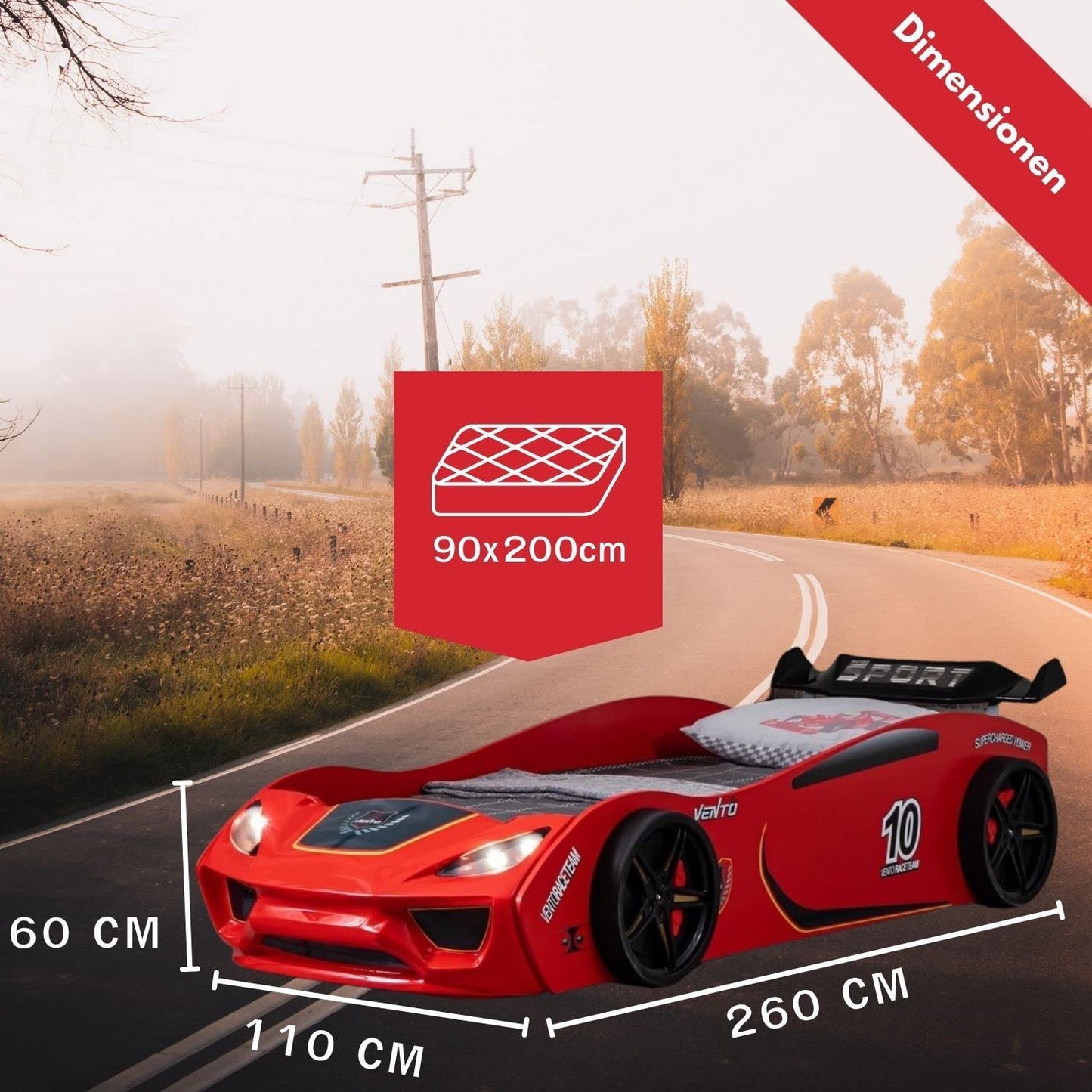 Coemo Dream Racer Children's Car Bed 90 x 200 cm in Racing Car Design with LED Lighting and Slatted Frame for Boys and Girls - Beds Colour White - Racing Bed