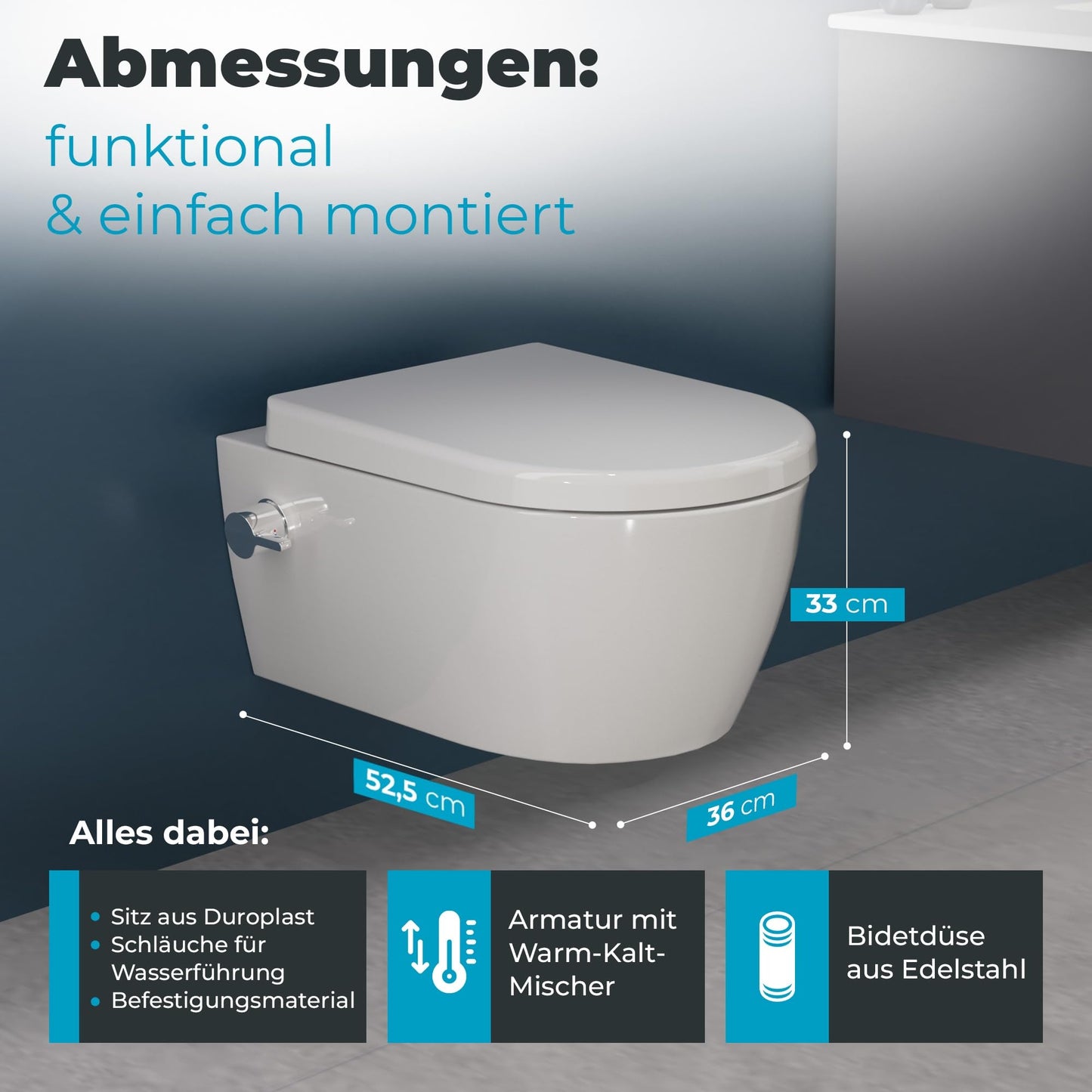 SSWW Taharet Toilet Includes Fitting and Removable Soft-Close Seat, Shower Toilet, Hanging Toilet, Toilet with Bidet Function, Hygienic, Shattaf, Different Versions