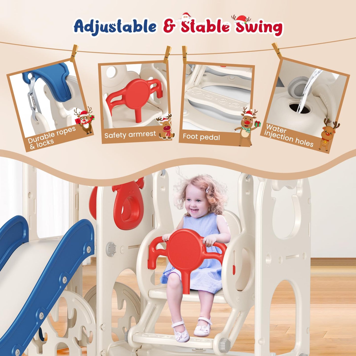 Krovtoy Kleinkindrutsche mit Weihnachtselch-Motiv, freistehende Kleinkindrutsche mit Golf-Set, Babyrutsche, Spielplatzgerät, für den Innen- und Außenbereich (Grau Beige - 6 in 1)