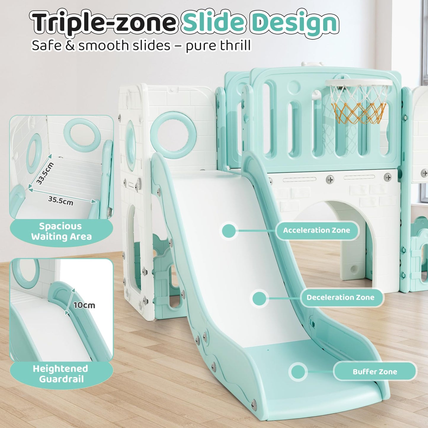 MAMIZO 9 in 1 Kinderrutsche, Kinder Rutsche mit Klettergerüst, Indoor & Outdoor Rutsche mit Basketballkorb und Teleskop, Tunnel, Stauraum, Gartenrutsche,Kinder Spielplatz, mit 2PCS Moduls, Gelb Blau