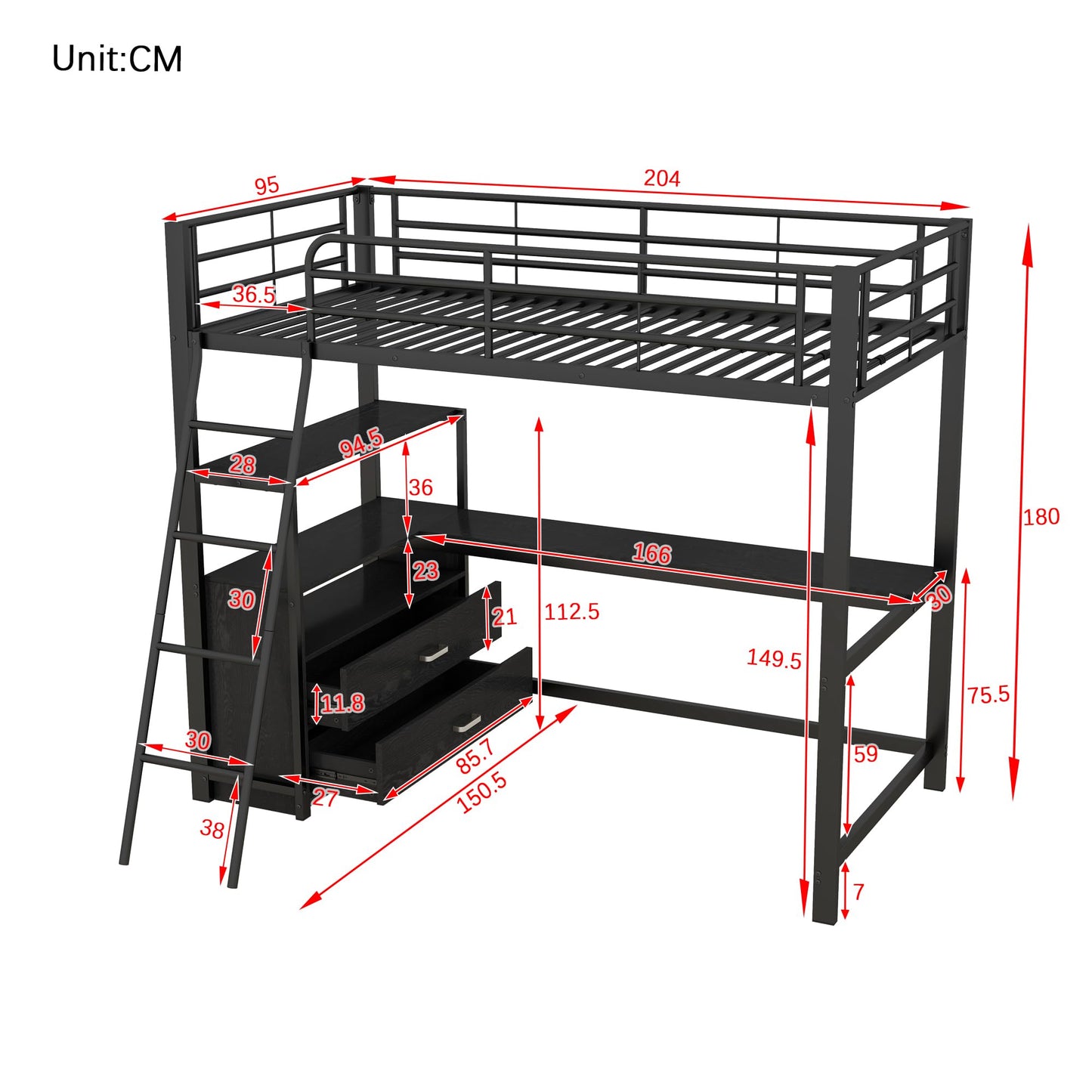 Merax Kinderbett Hochbett 90x200 cm Metallbett mit L-förmigem Schreibtisch, 2 Schubladen und Regal, Bettgestell mit Lattenrost (ohne Matratze) für Kinder/Erwachsene, Schwarz