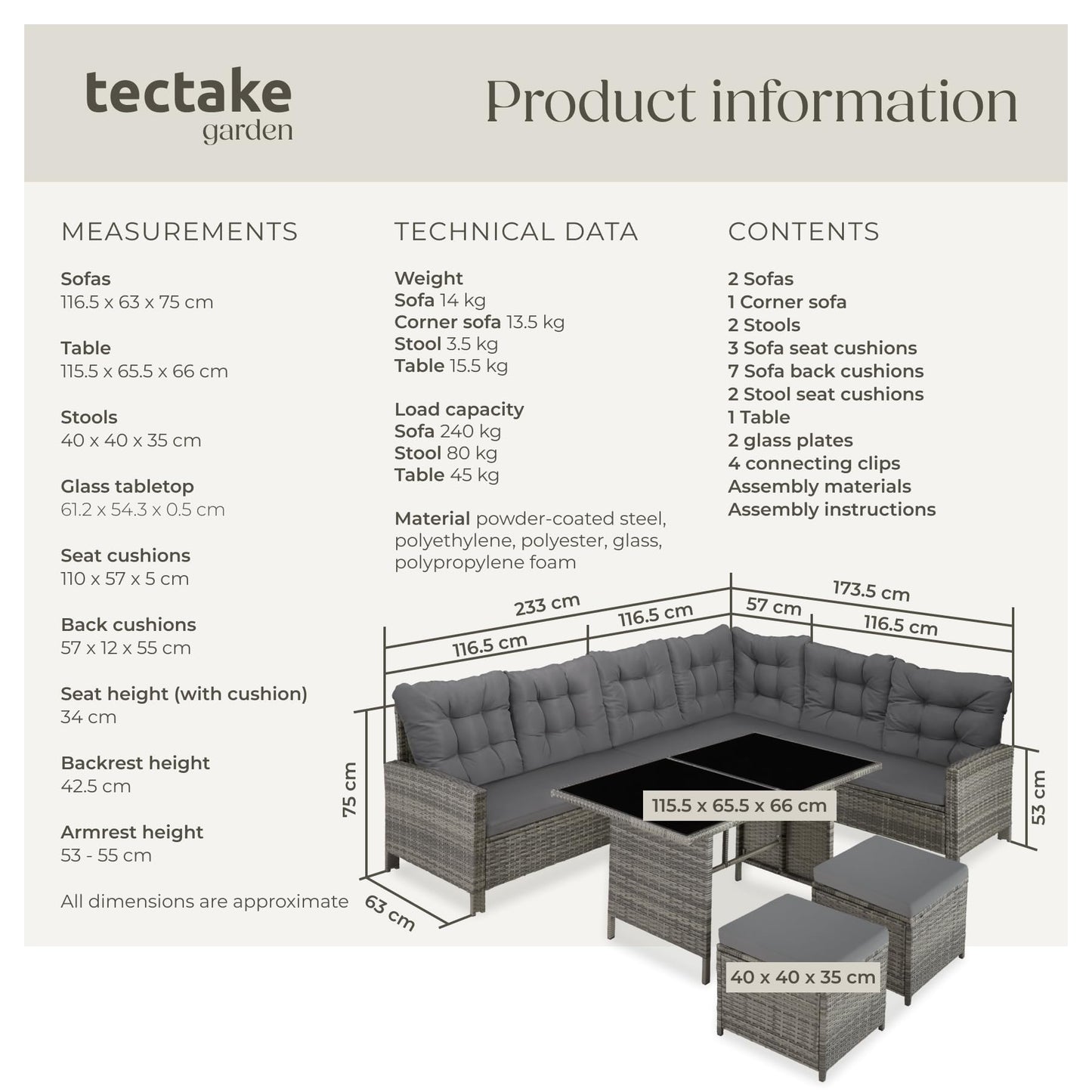 tectake Polyrattan Lounge Set, Garden Furniture Set with Sofa, Stool + Table, Balcony Furniture Outdoor, 5-Piece Seating Set, Including Seat and Back Cushion, Ideal for Garden, Patio, Balcony -