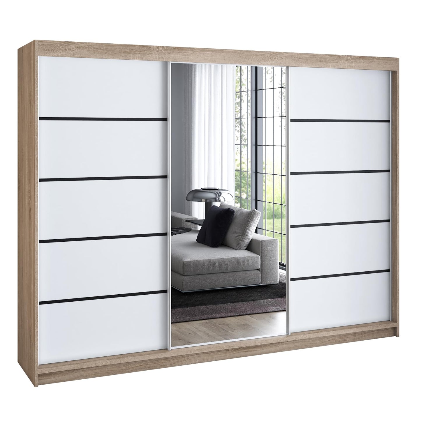 A&J MöbelLand Schwebetürenschrank VILANO 2, 3-türig Schrank 200 cm Kleiderschrank mit 4 Schubladen, und Spiegel (Weiß, Schwarz, Somona) (Schwarz/schwarz/schwarz)