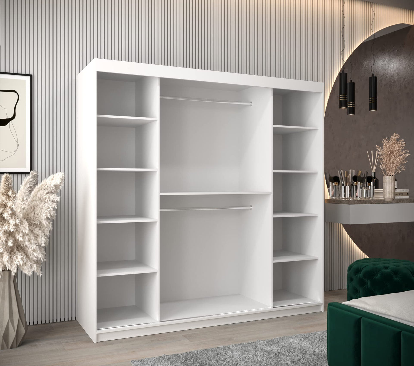 MEBLE KRYSPOL Dome 2 Schrank mit DREI Schiebetüren mit Spiegel, Stangen und Regalen - Aufbewahrungsschrank mit Rauchglas für Schlafzimmer, Wohnzimmer - 200x250x62cm - Schwarz, Schwarz, Schwarz