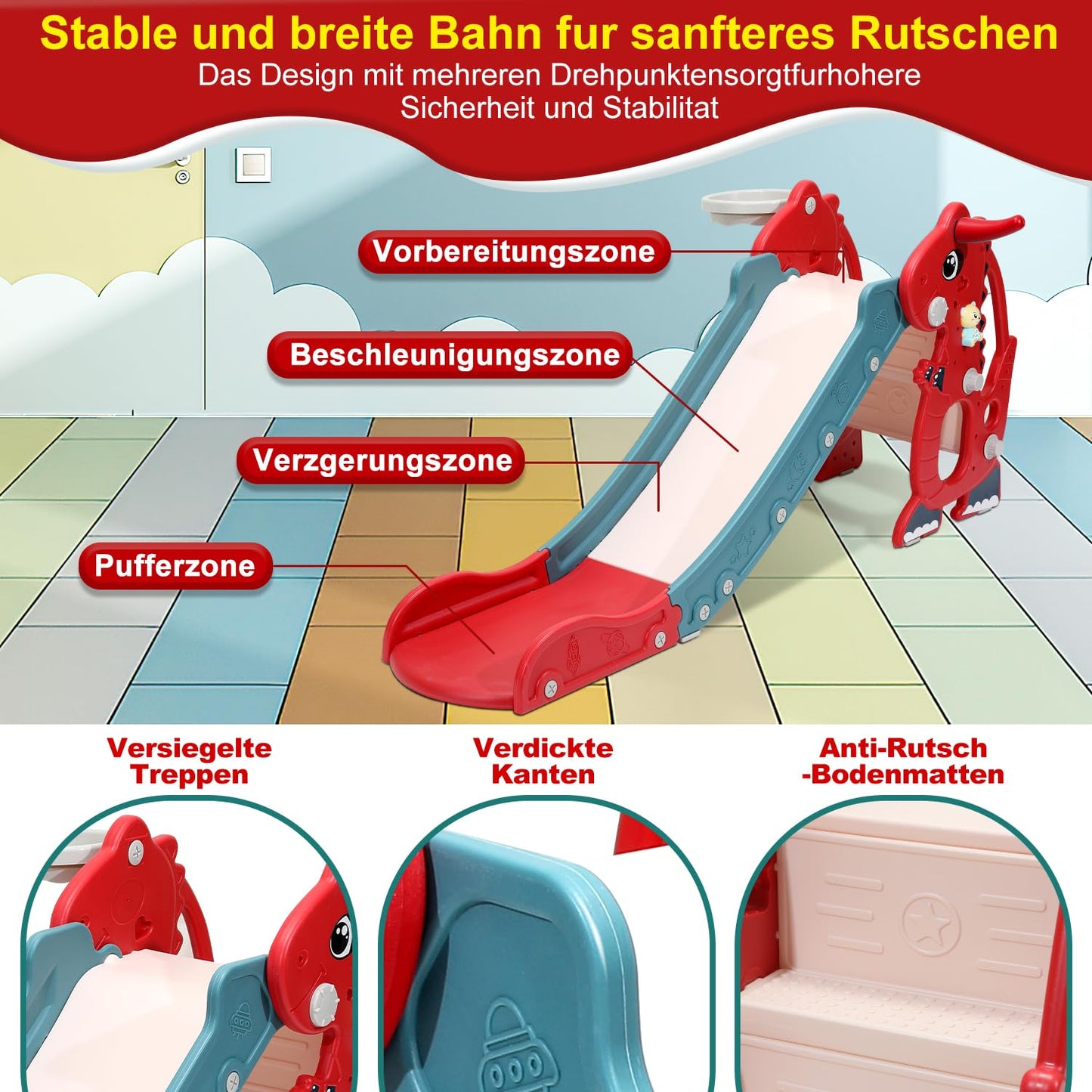 Joparri Children's Slide Foldable Children's Slide Stable Garden Slide with Basketball Hoop and Armrests, Children's Fun Slide with English Early Education Device, Indoor and Outdoor Toddler Slide,
