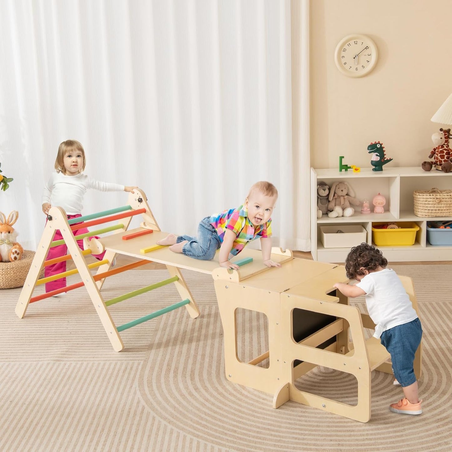 GOPLUS 7-in-1 Climbing Triangle Children, Foldable Climbing Set with Double-Sided Ramp, Convertible Step Aid & Board, Table & Chair Set, Montessori Gymnastics Toy for Children 3-14 Years Old