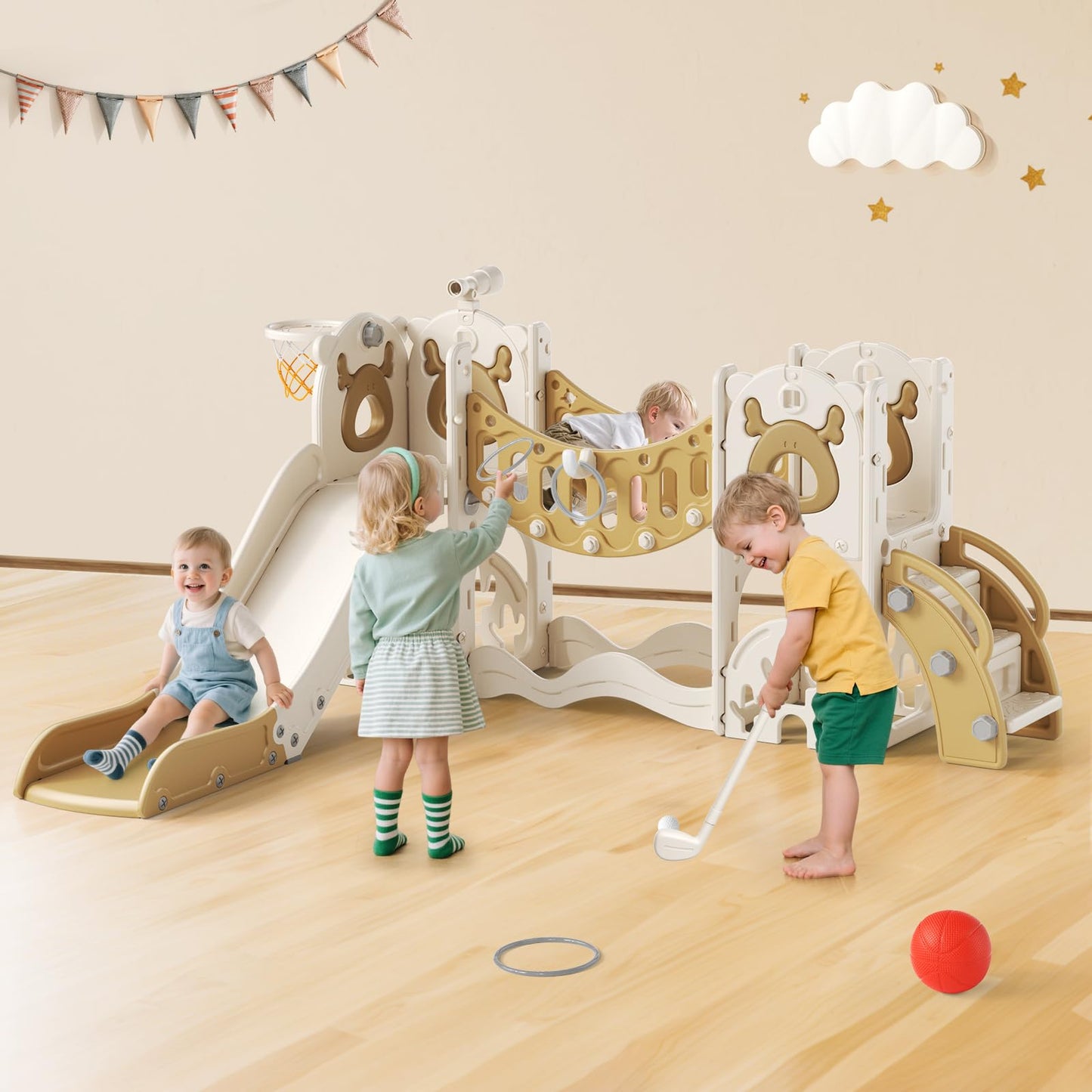 Krovtoy Kleinkindrutsche mit Weihnachtselch-Motiv, freistehende Kleinkindrutsche mit Golf-Set, Babyrutsche, Spielplatzgerät, für den Innen- und Außenbereich (Grau Beige - 6 in 1)
