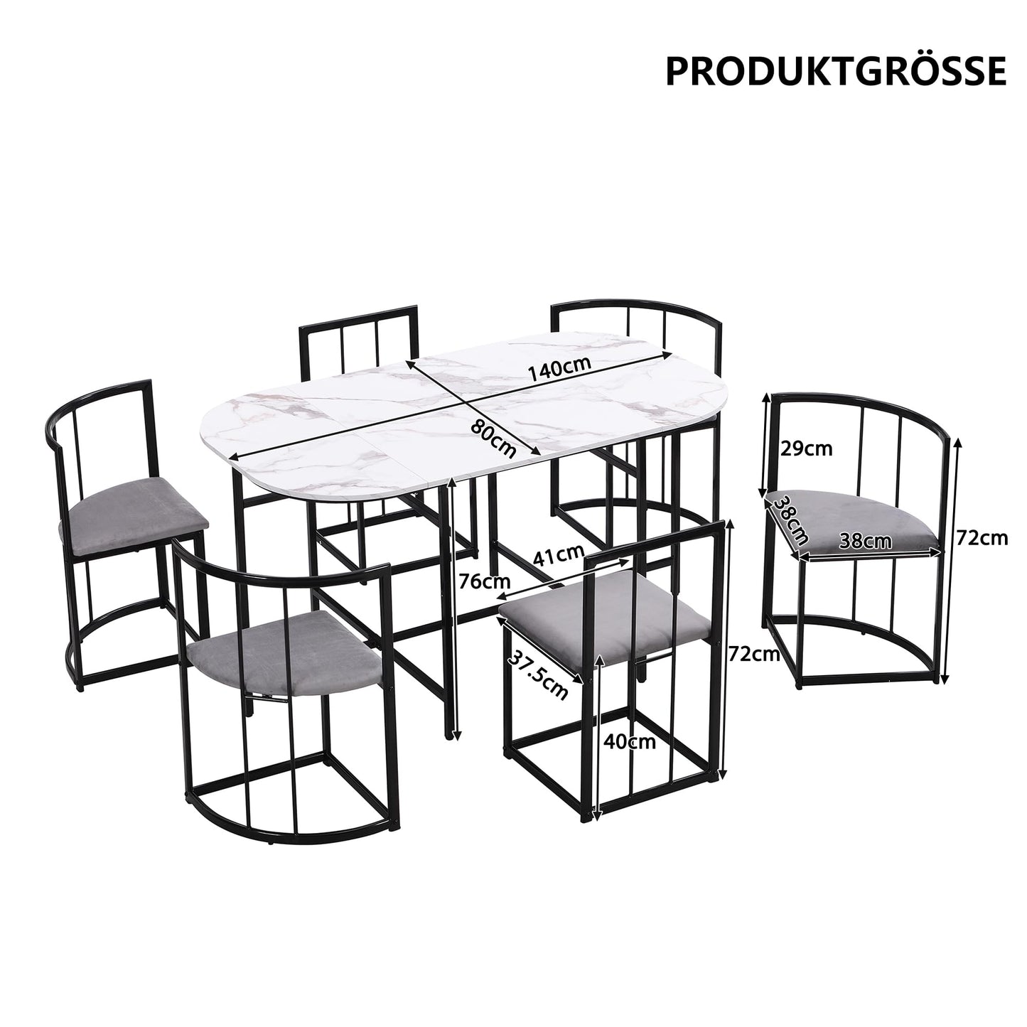Gegtuon Esstisch 7 teilig für 6 Personen 140x80x76cm, Esstisch Rund mit 6 Stühlen und Tisch, Modern Küchentisch Metallgestell mit Rückenlehne, Essgruppe für Esszimmer Wohnzimmer Küche, Schwarz