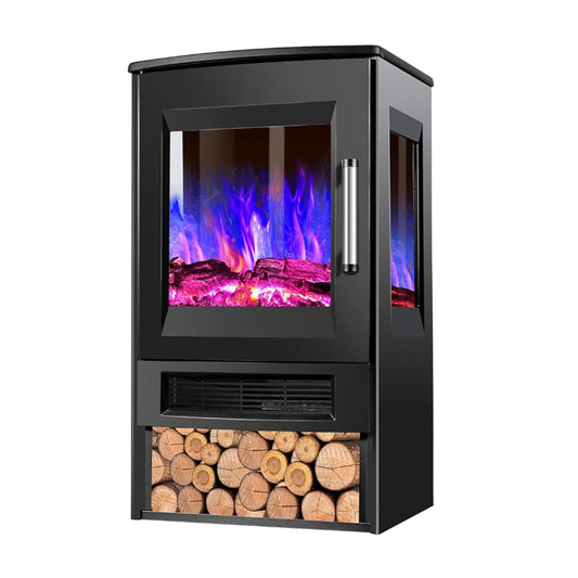 INMOZATA Elektrischer Feuerherd Panorama Freistehender elektrischer Kamin mit 8-farbigem Flammeneffekt und Ember-Bett-Effekt, APP & Fernbedienung, 45° TIPP Over Schutz & Überhitzungsschutz