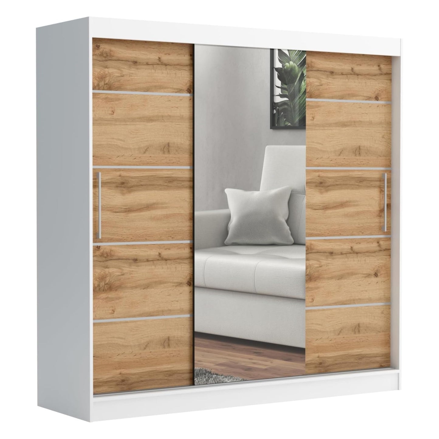 Brent - Kleiderschrank mit Spiegel und Schubladen 200cm Breit Chelsea Tomy, Schwebetürenschrank mit Spiegel, Schlafzimmerschrank, Kleiderschrank Schwarz/Wotan Eiche