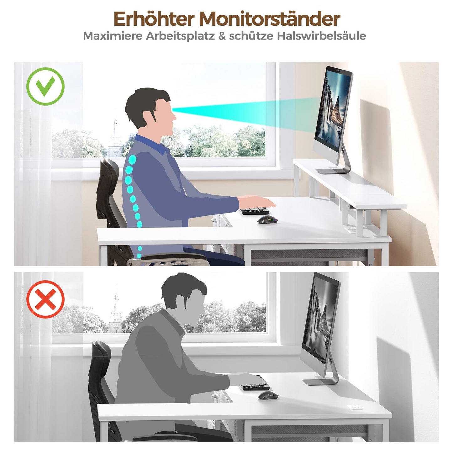 Seventable Schreibtisch L Form, Computertisch mit Steckdose, LED & Monitorständer, Reversibel Eckschreibtisch mit Schubladen, perfekt für Schlafzimmer Büro Wohnzimmer