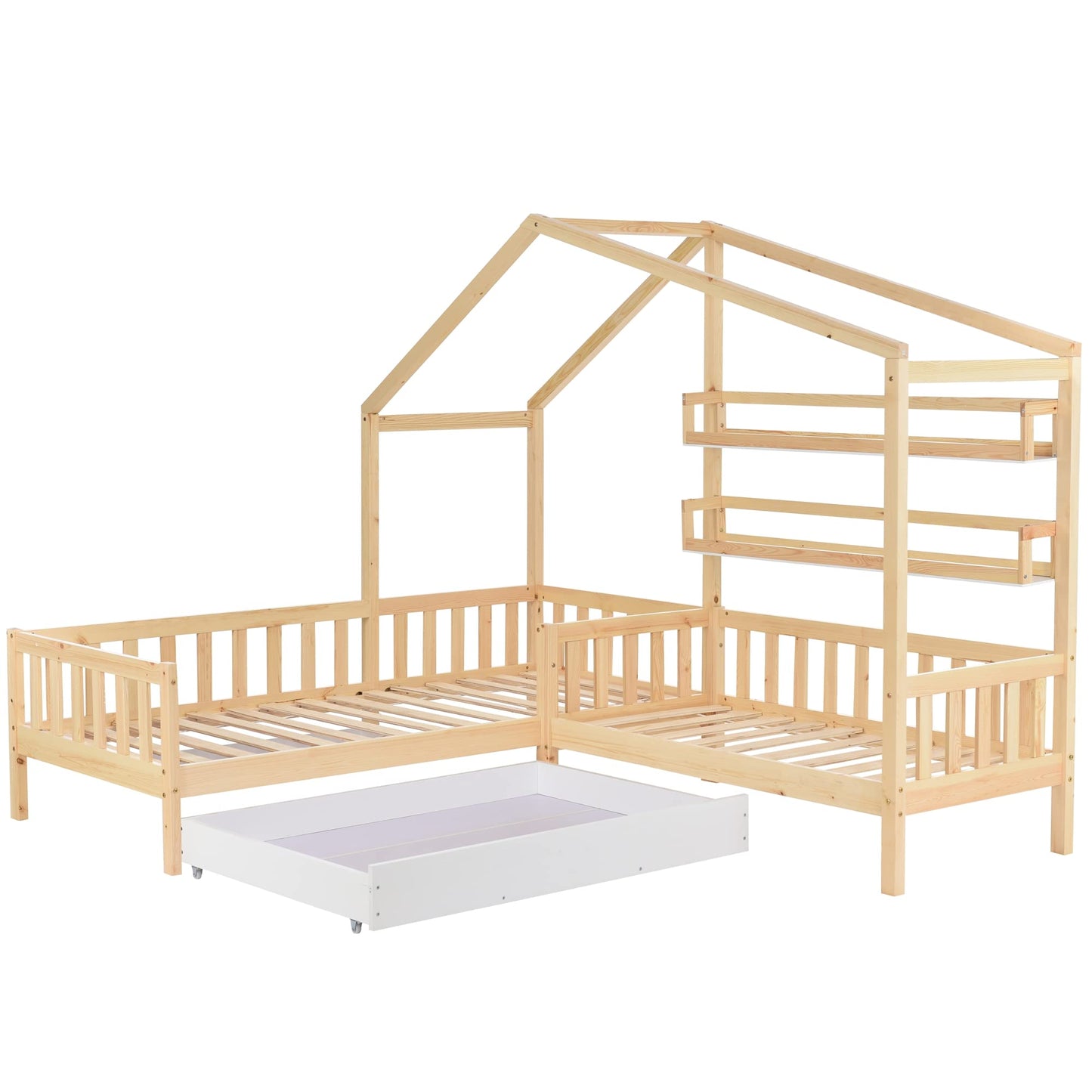Merax Hausbett 90x200 cm mit 2 Schubladen, für 2 Kinder Doppelbett, Vielseitiges Holz Baumhausbett für Mädchen & Jungen, Stabil Spielbett Gitterbett mit Rausfallschutz und Lattenrost, Weiß