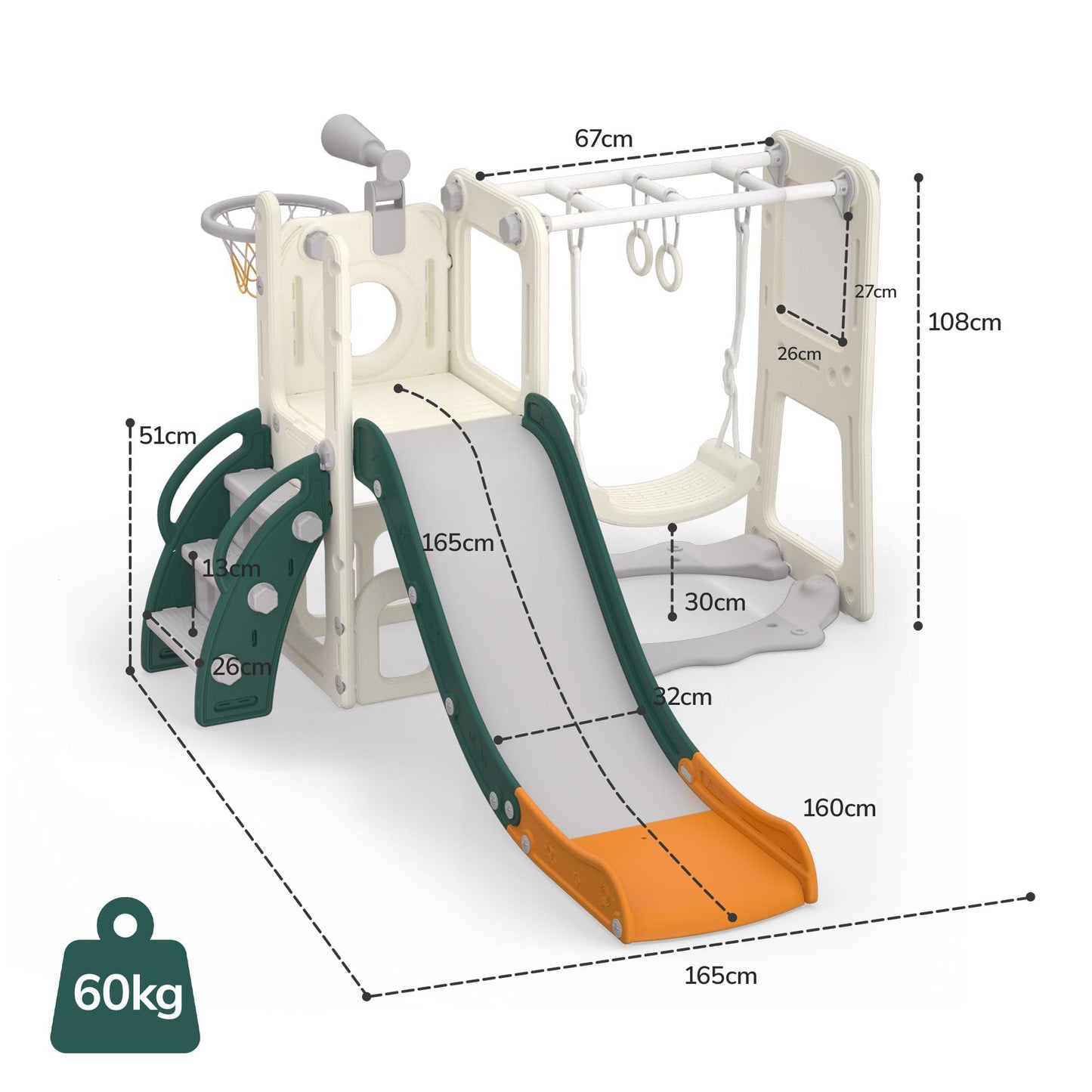 hoopyosms 8-in-1 Rutsche und Schaukel Set für Kleinkinder mit Whiteboard, Basketballkorb, Teleskop, Klettergerüst & Turnringen, Indoor Outdoor Spielplatz Aktivitätscenter für Kinder(Grün)