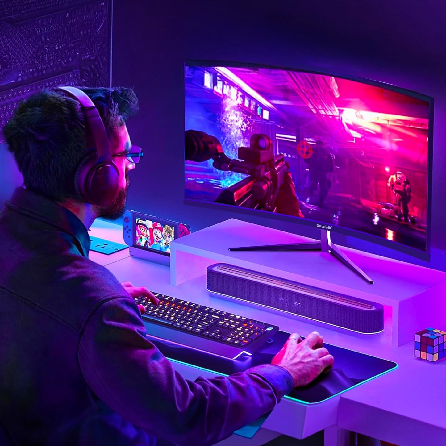 Gawfolk 32 Zoll Gaming Curved Monitor 180Hz, QHD 2560x1440p PC Bildschirm, Rahmenloses 1500R Gebogenes Computerbildschirm, FreeSync, DisplayPort & HDMI, unterstützt VESA 100 * 100mm