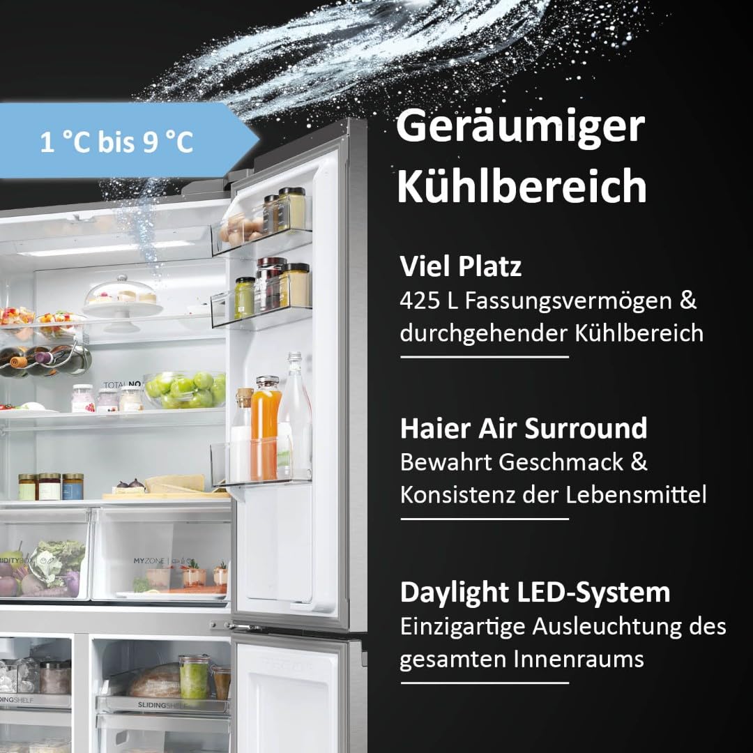 Haier Multi Door Kühl-Gefrierkombination I CUBE 83 SERIE 7 HCR7818DWPT I 4-türiger Kühlschrank mit Gefrierfach, XXL-Fassungsvermögen & 83cm Breite I 463L, Energieklasse D I Wasserspender & No Frost